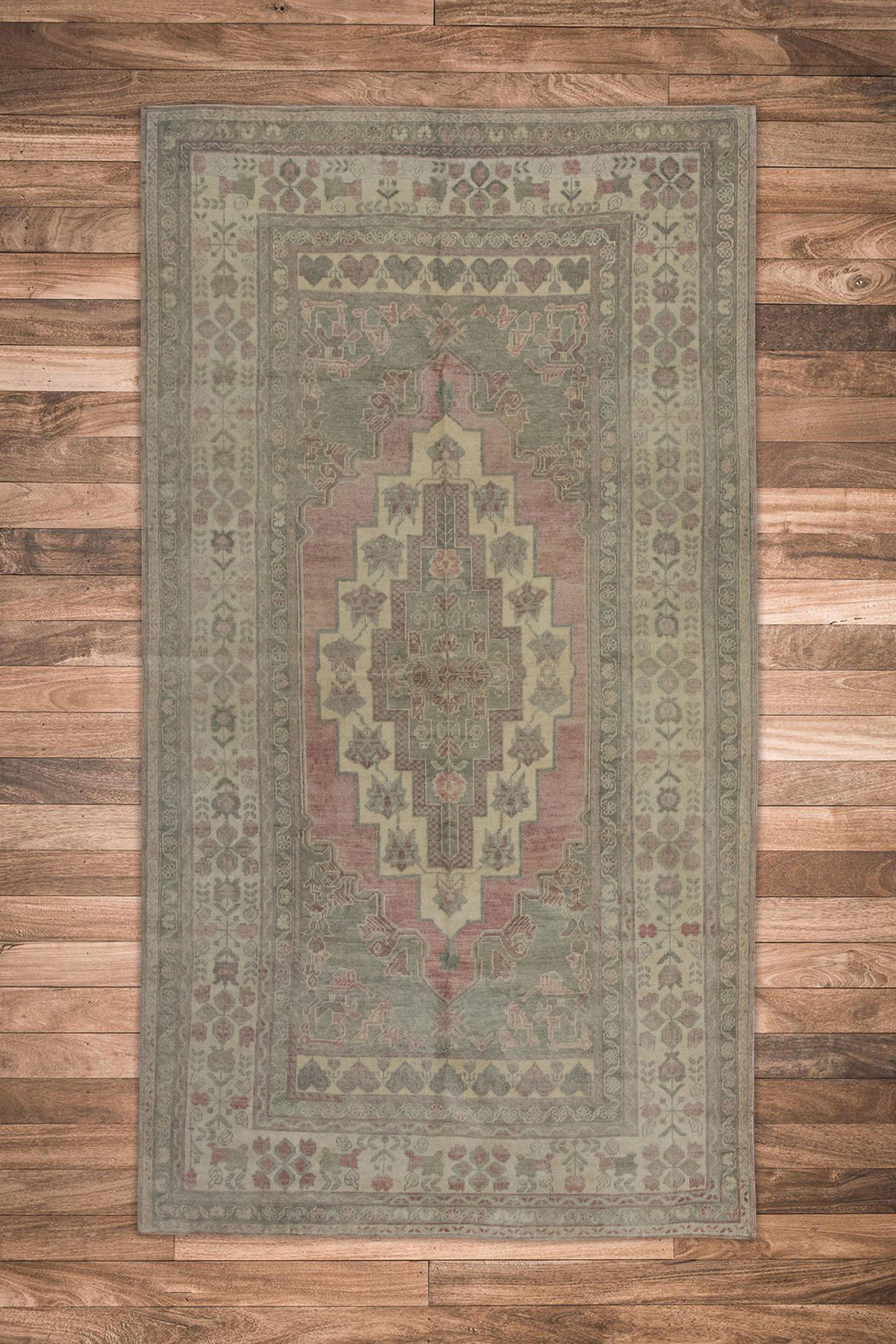Contemporary Handwoven Wool Turkish Oushak Rug 4'8