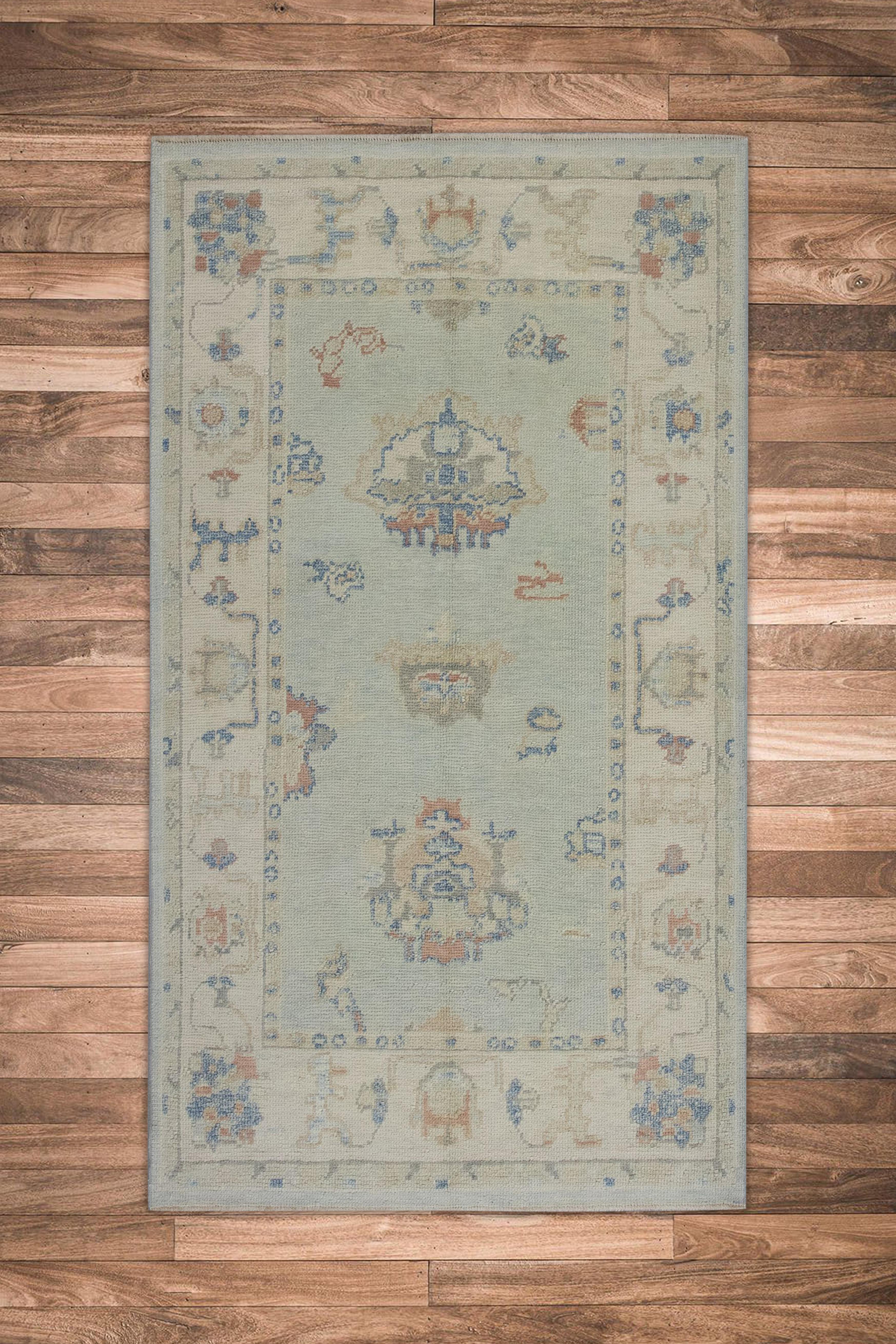 Contemporary Handwoven Wool Turkish Oushak Rug 4'x 6' For Sale