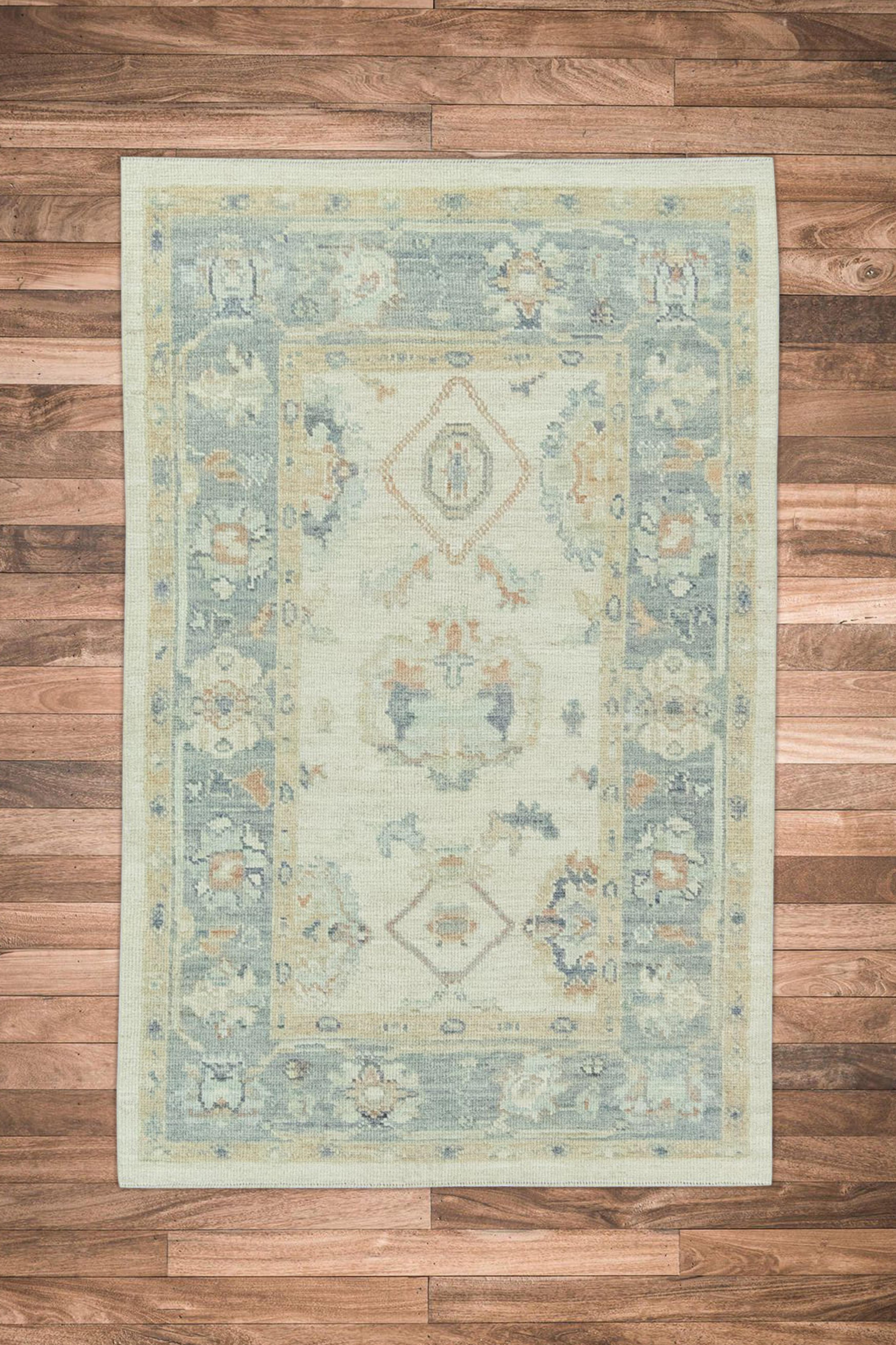 Contemporary Handwoven Wool Turkish Oushak Rug 4'x 6'2