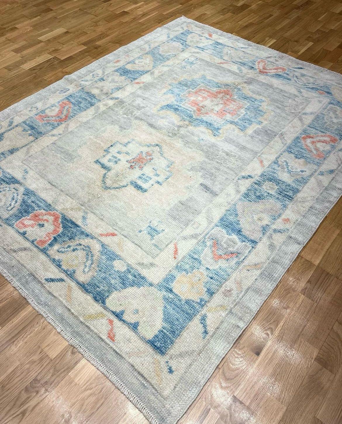 Contemporary Handwoven Wool Turkish Oushak Rug 5’ x 6’4” #CB04 For Sale