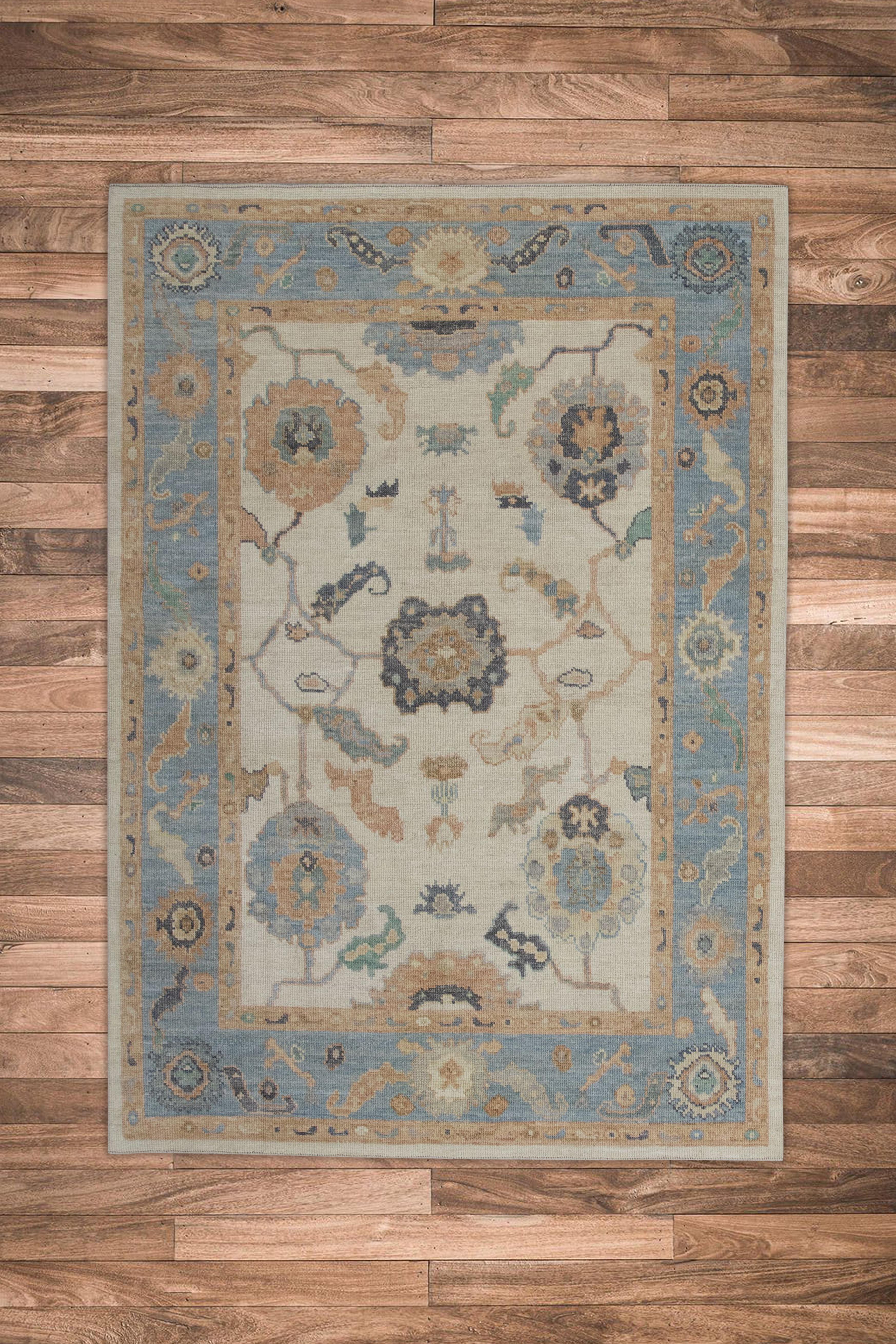 Contemporary Handwoven Wool Turkish Oushak Rug 5'2