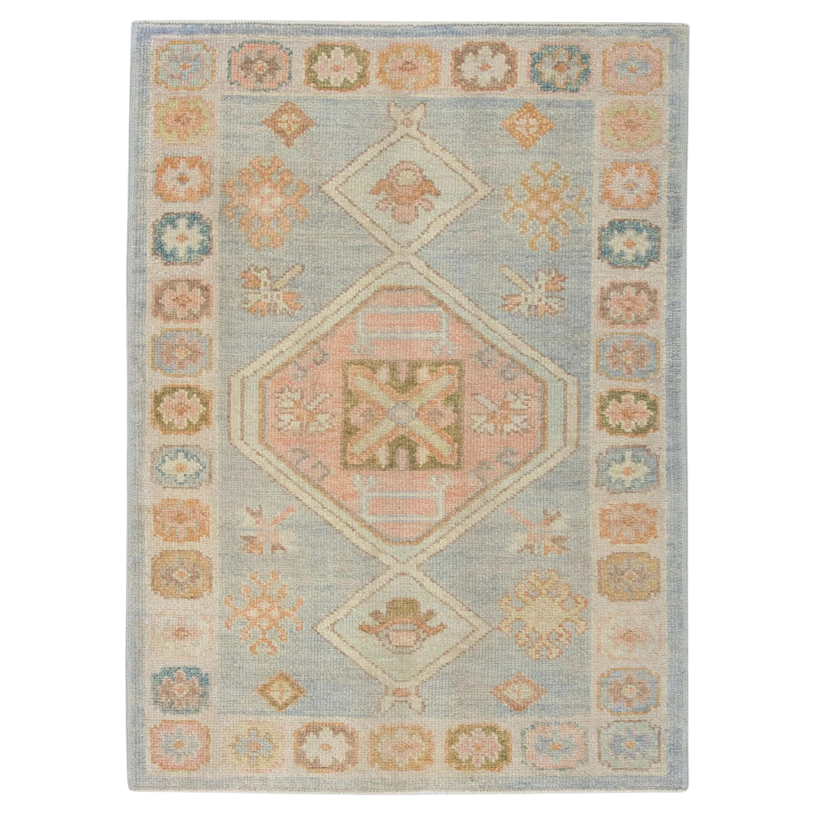 Handwoven Wool Turkish Oushak Rug with Blue Medallion Design 3'3" x 4'6"
