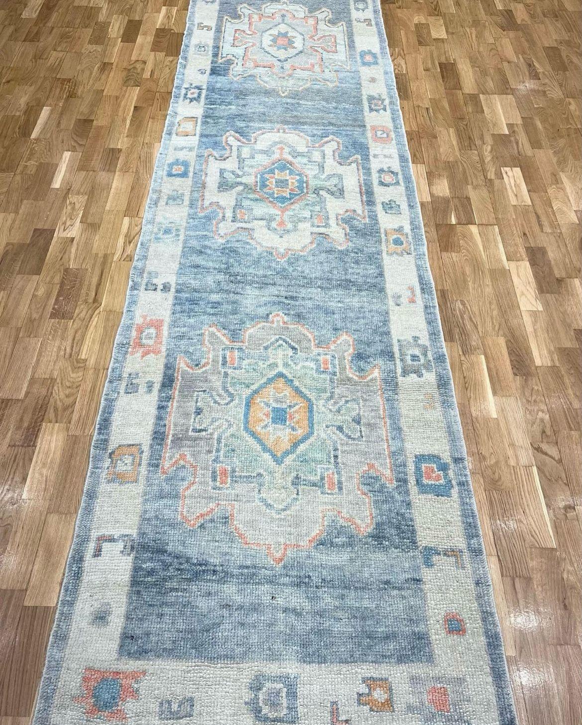 Handwoven Wool Turkish Rug Oushak Runner 2’9” x 10’5” #CB03 In Excellent Condition For Sale In Houston, TX