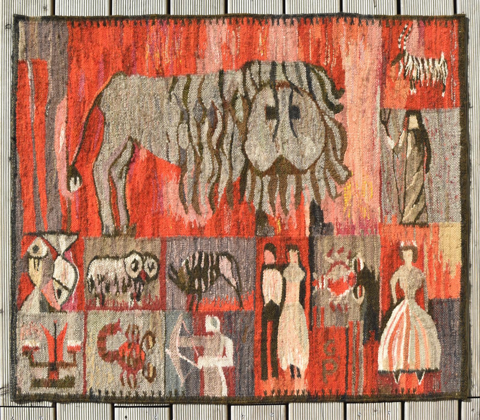Hand-Crafted Handwoven Zodiac Gobelin Tapestry Wall Rug Carpet by Piotr Grabowski Mid Century