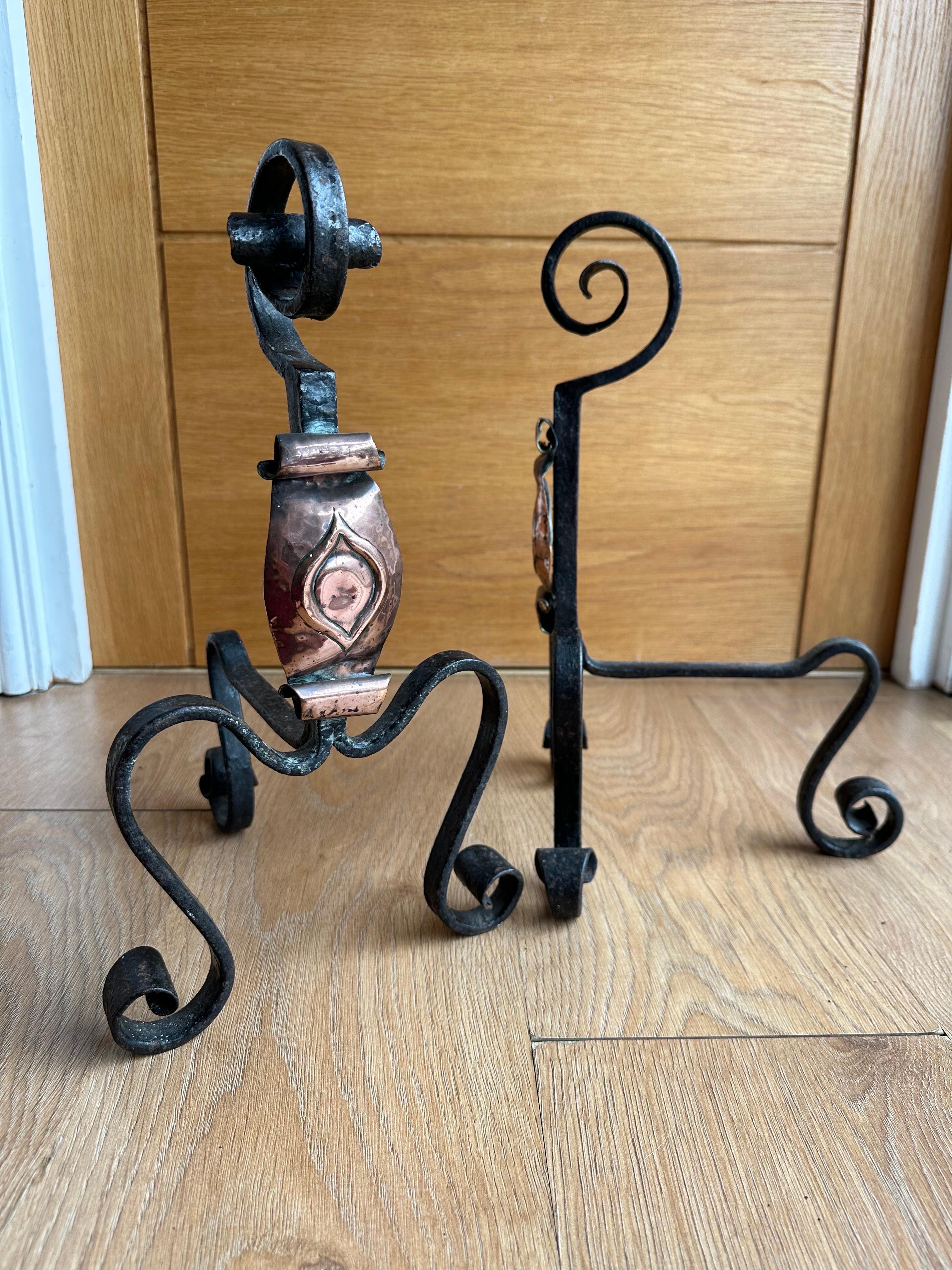 Handwrought Iron and Copper Gothic Fireplace Andirons Firedogs, 19th Century For Sale 9