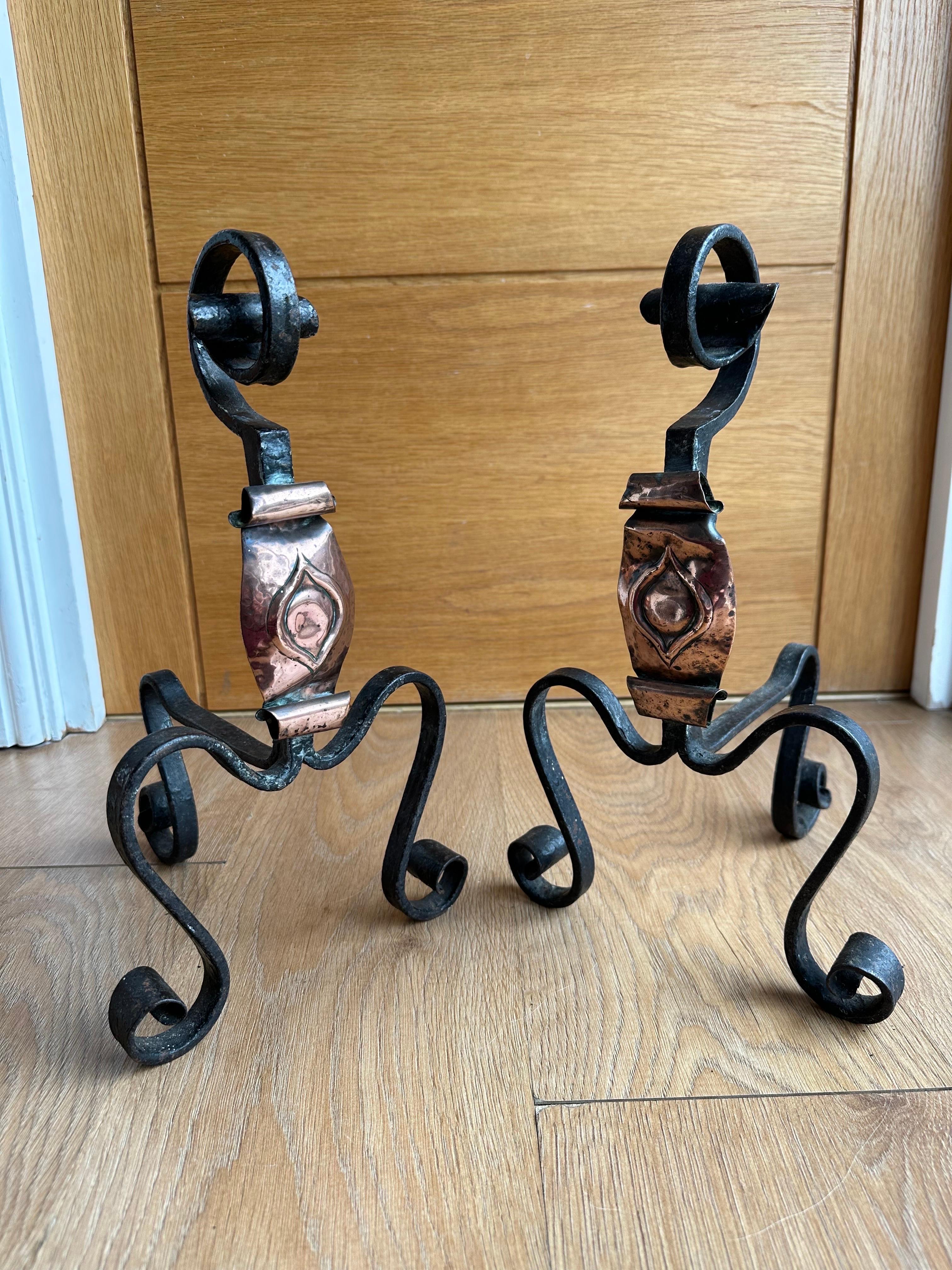 Handwrought Iron and Copper Gothic Fireplace Andirons Firedogs, 19th Century For Sale 10