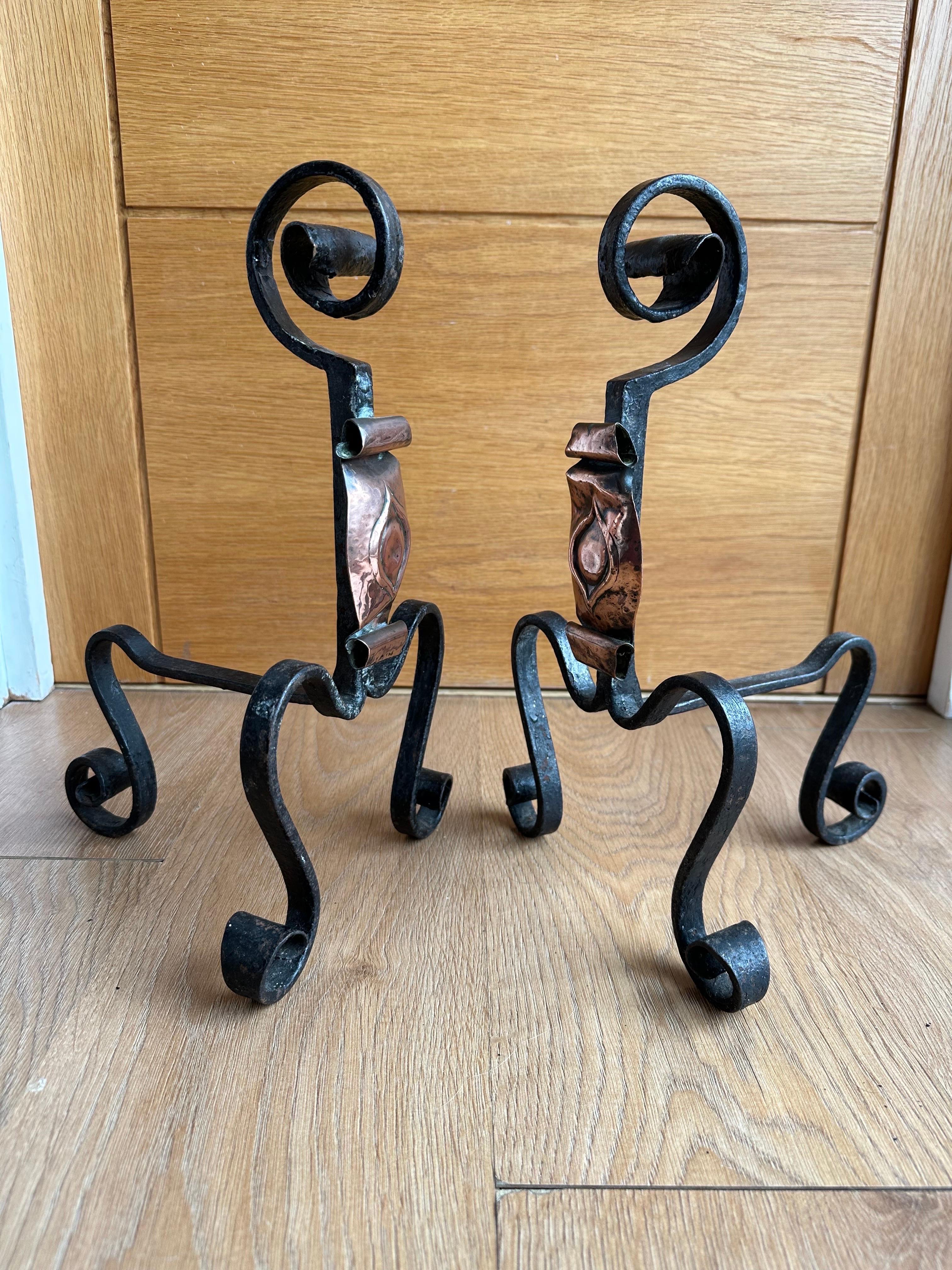 Handwrought Iron and Copper Gothic Fireplace Andirons Firedogs, 19th Century For Sale 11