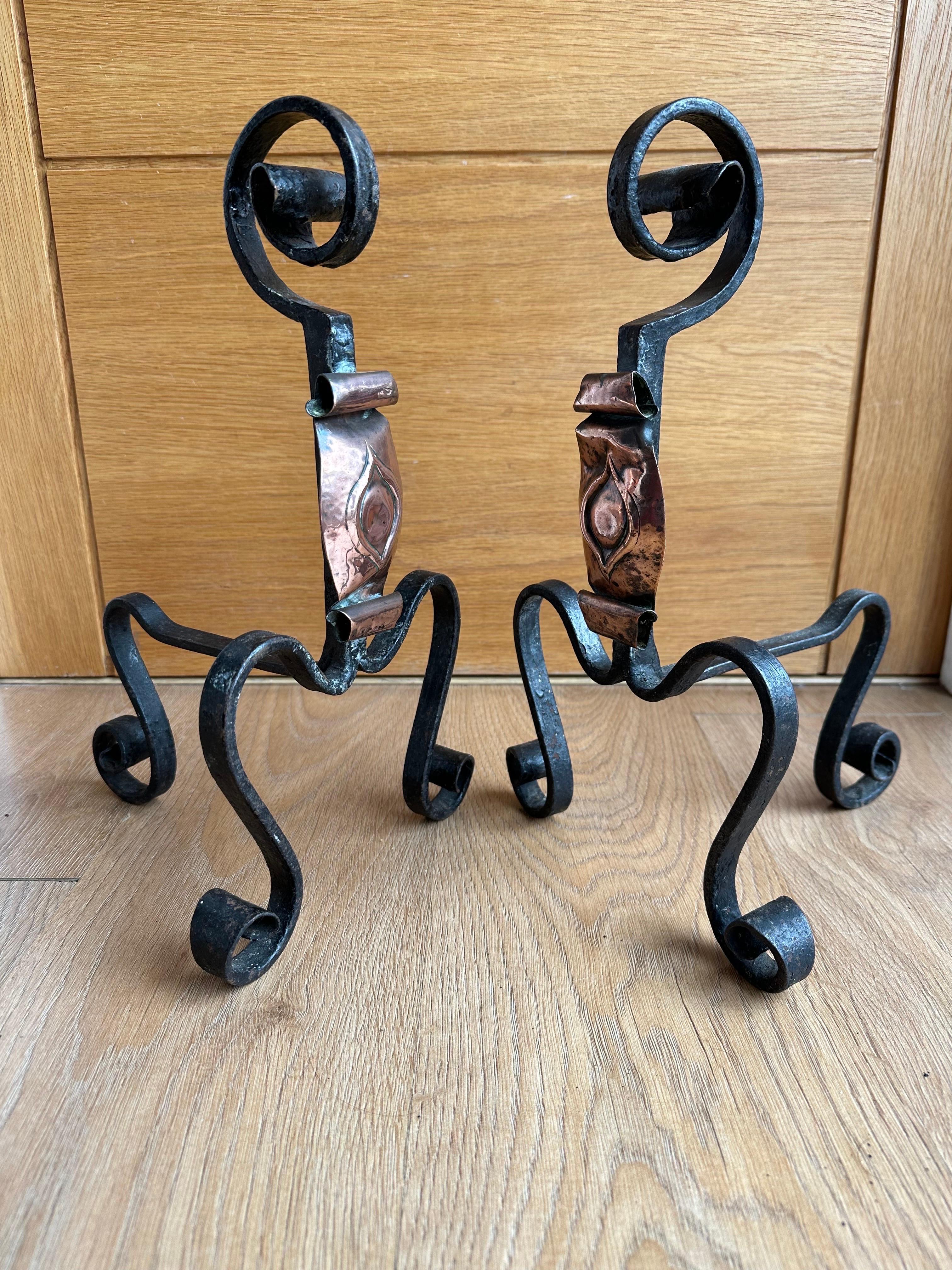 European Handwrought Iron and Copper Gothic Fireplace Andirons Firedogs, 19th Century For Sale