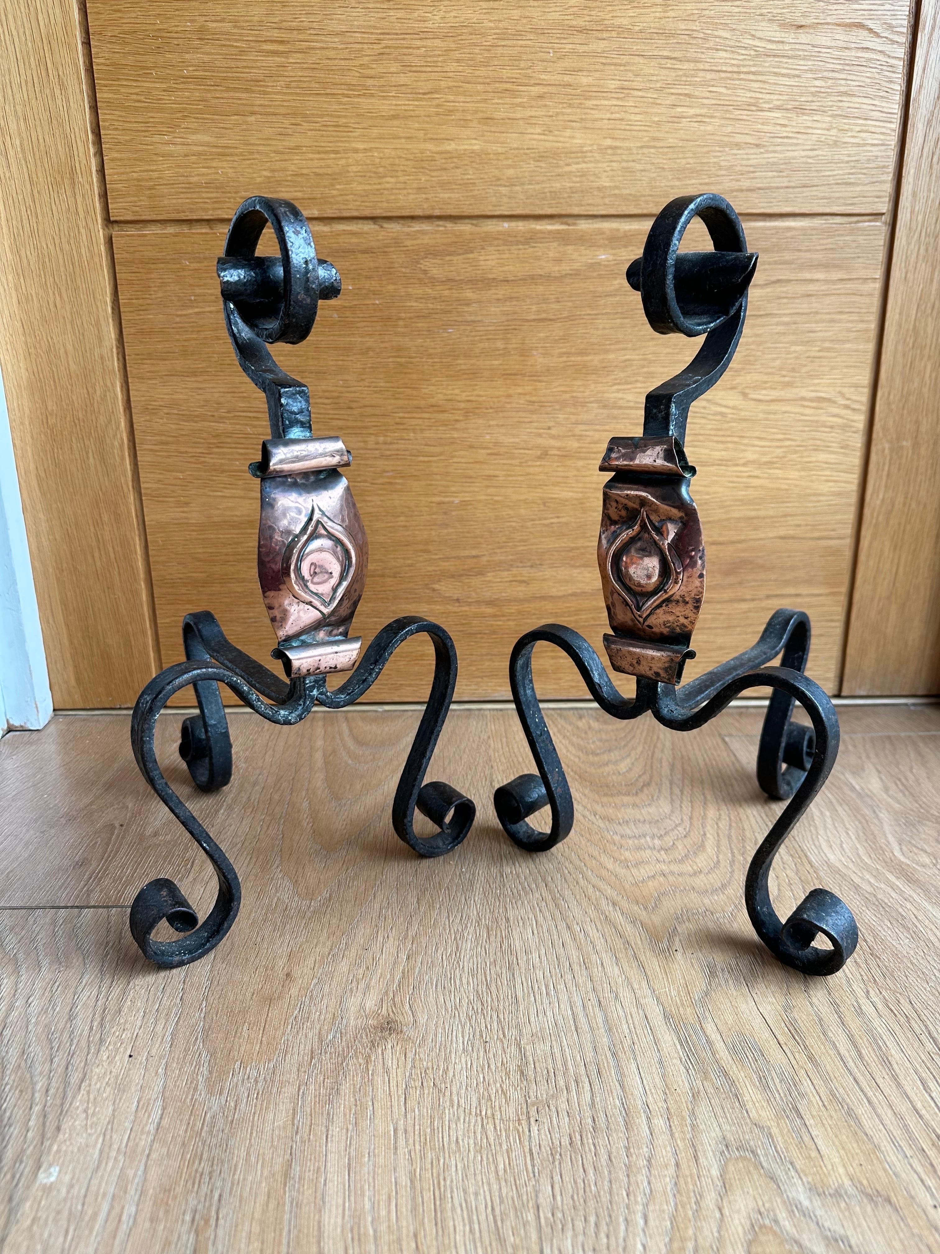 Handwrought Iron and Copper Gothic Fireplace Andirons Firedogs, 19th Century In Good Condition For Sale In Southall, GB