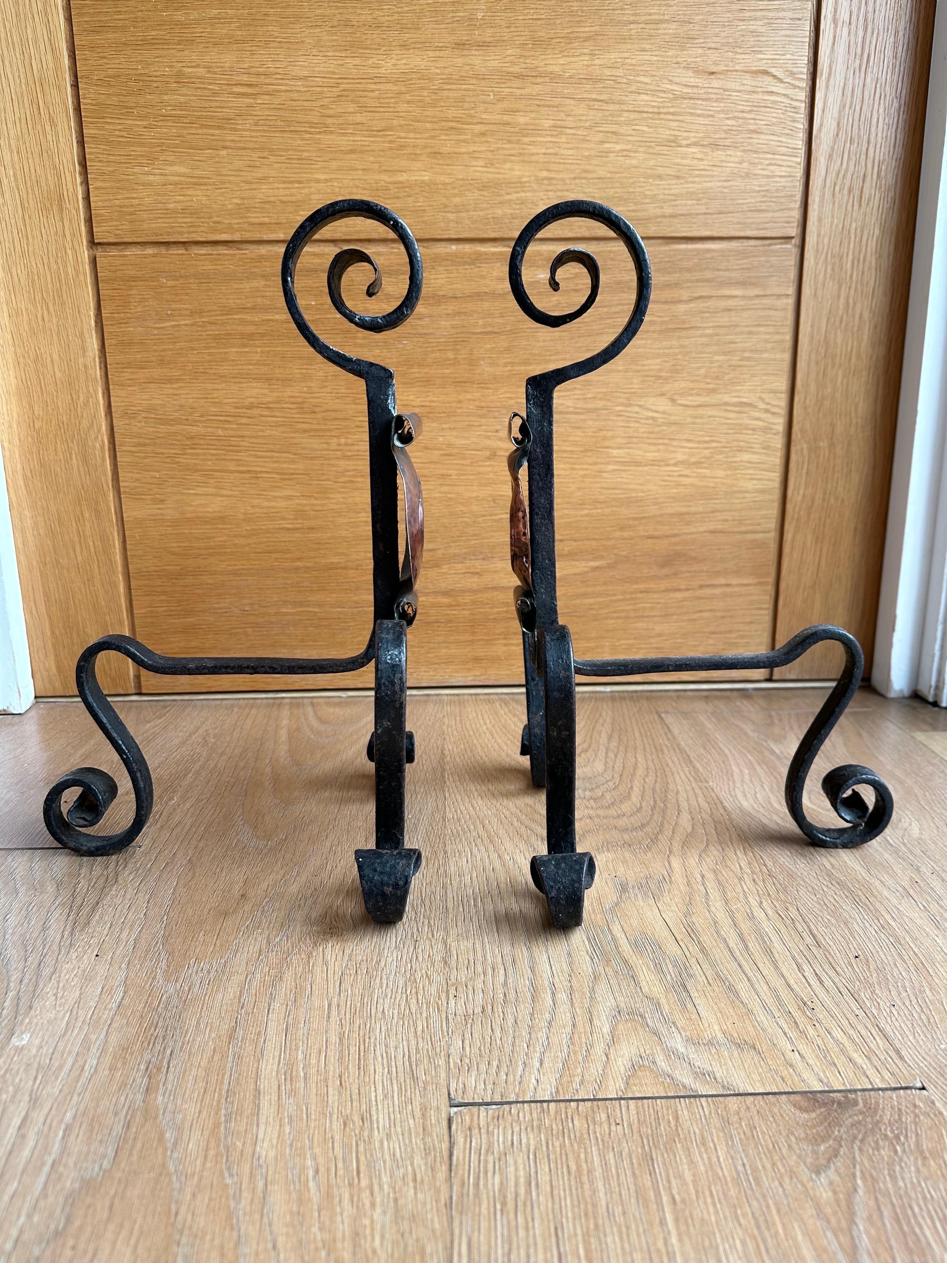 Handwrought Iron and Copper Gothic Fireplace Andirons Firedogs, 19th Century For Sale 1