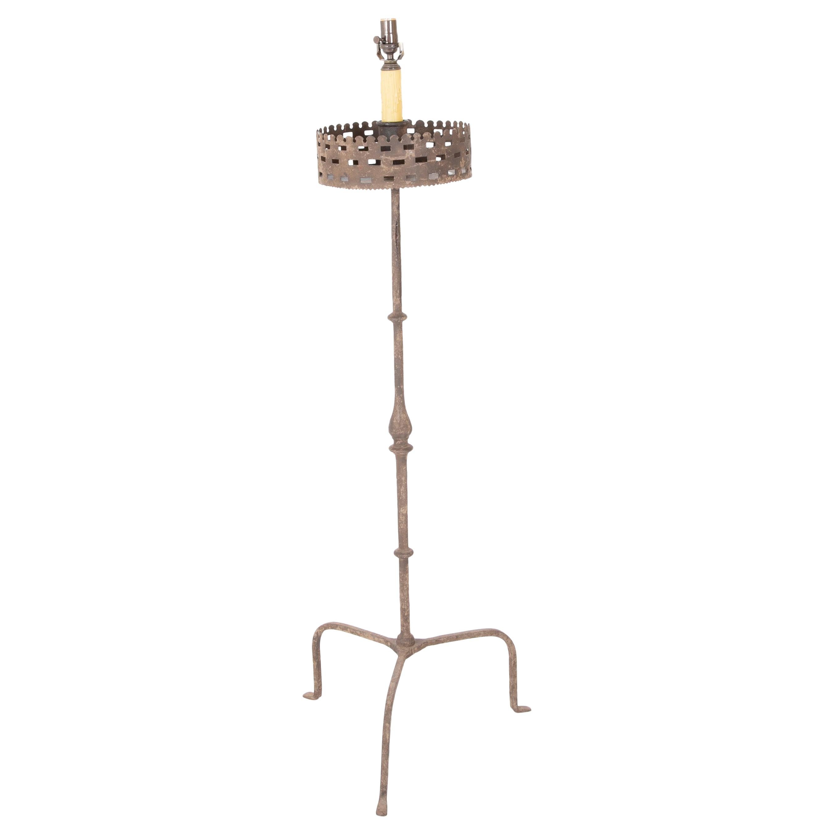 Handwrought Iron Pricket Stick Now as Lamp with Crenulated Bobeche For Sale