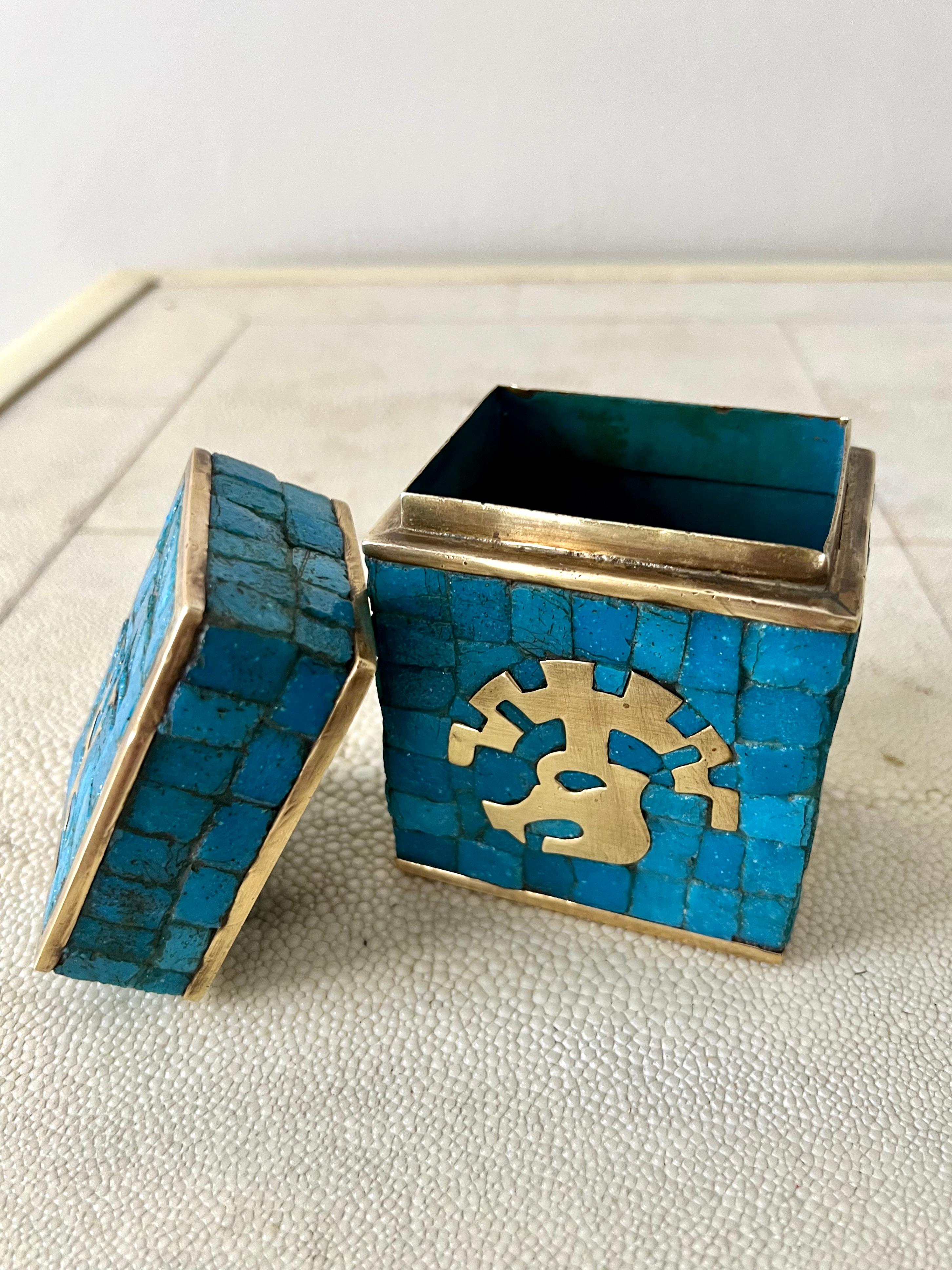 Hand-Crafted Handwrought Mid-Century Modern Mexican Mosaic and Brass Box by Salvador Teran For Sale