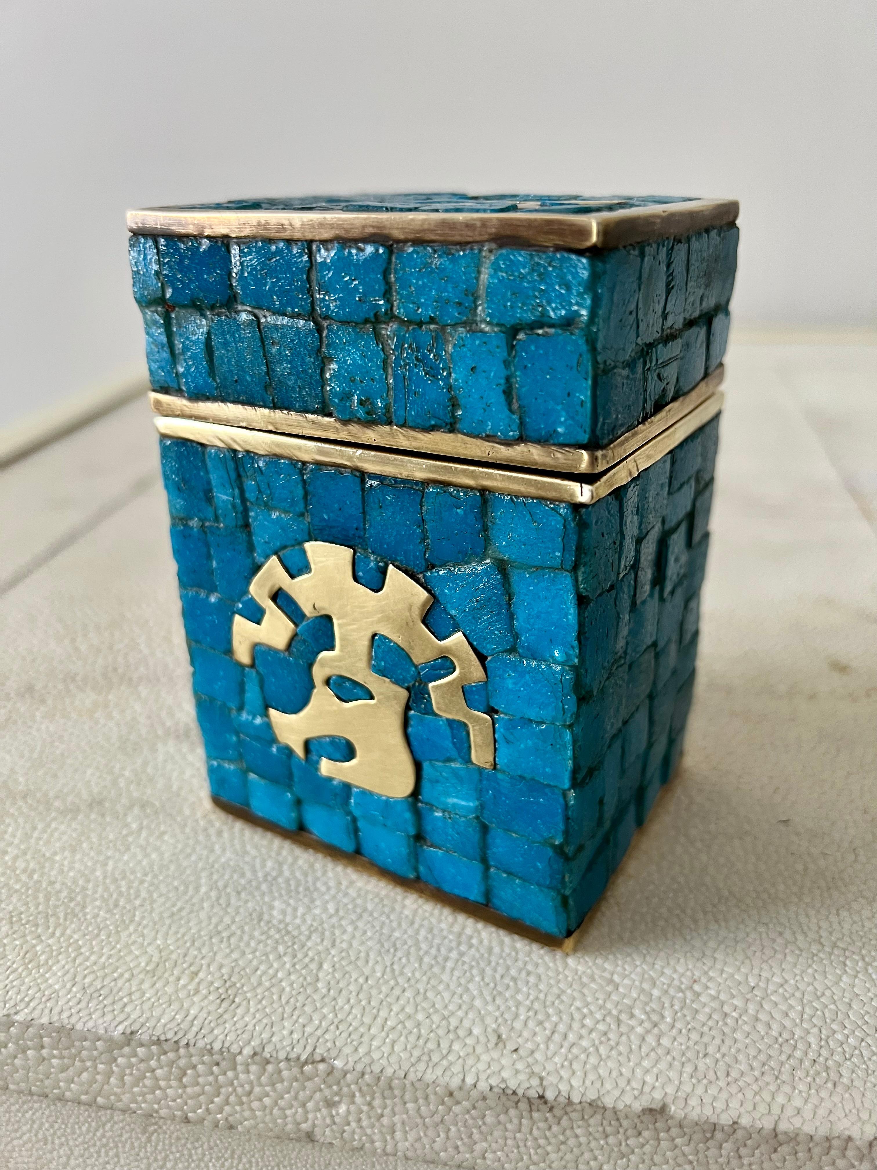 Handwrought Mid-Century Modern Mexican Mosaic and Brass Box by Salvador Teran For Sale 1