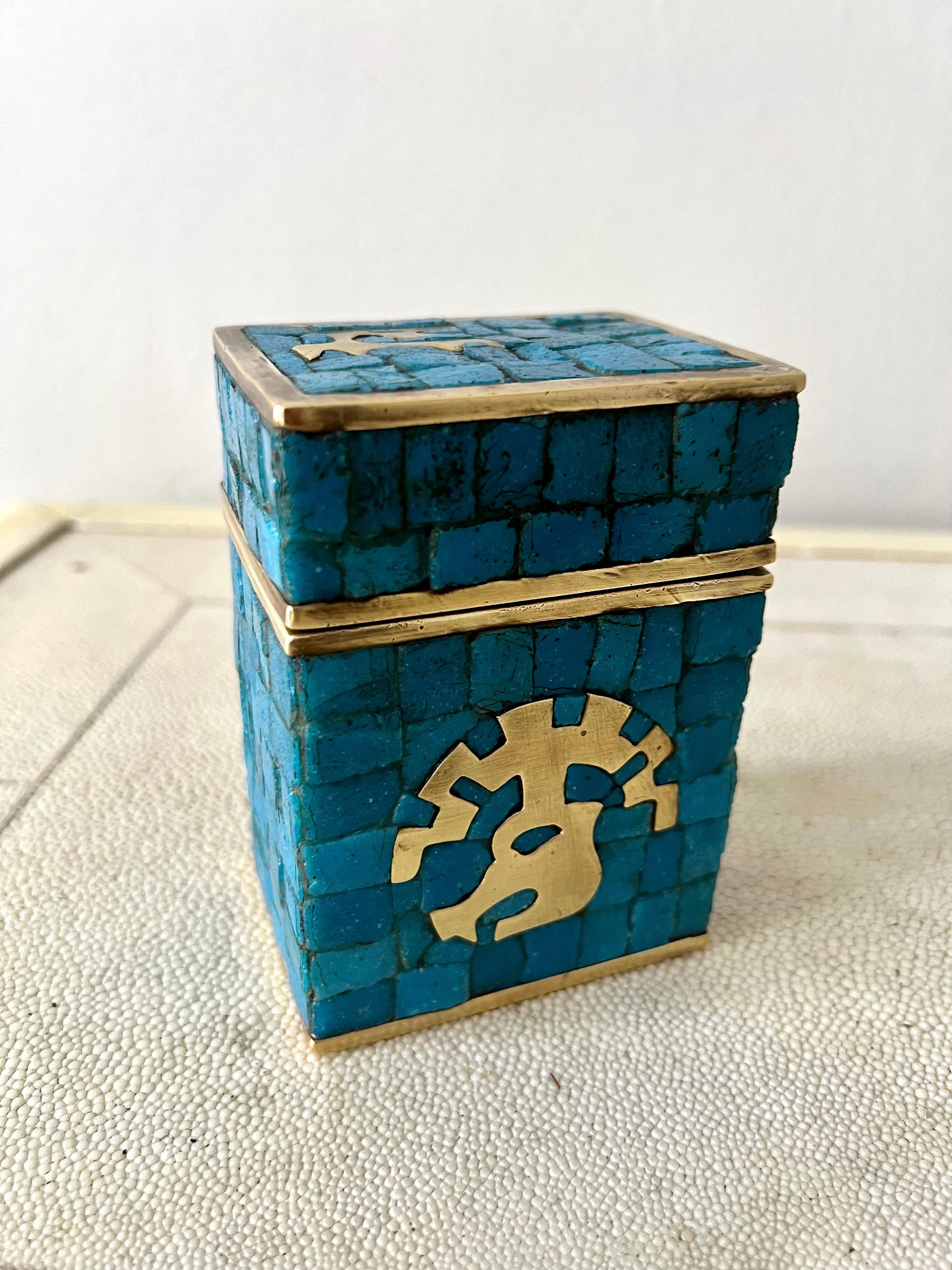 Handwrought Mid-Century Modern Mexican Mosaic and Brass Box by Salvador Teran For Sale 1