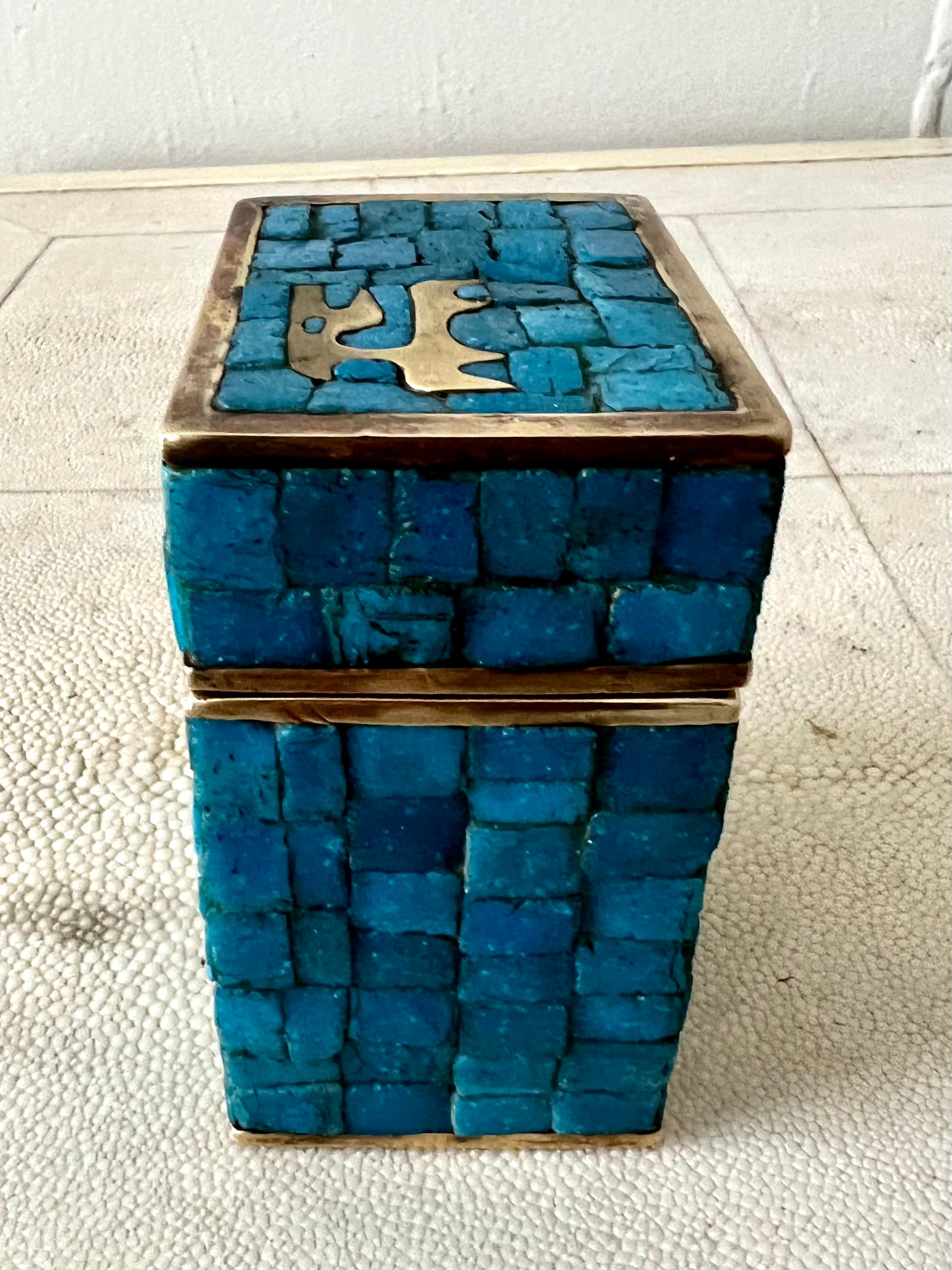Handwrought Mid-Century Modern Mexican Mosaic and Brass Box by Salvador Teran For Sale 2