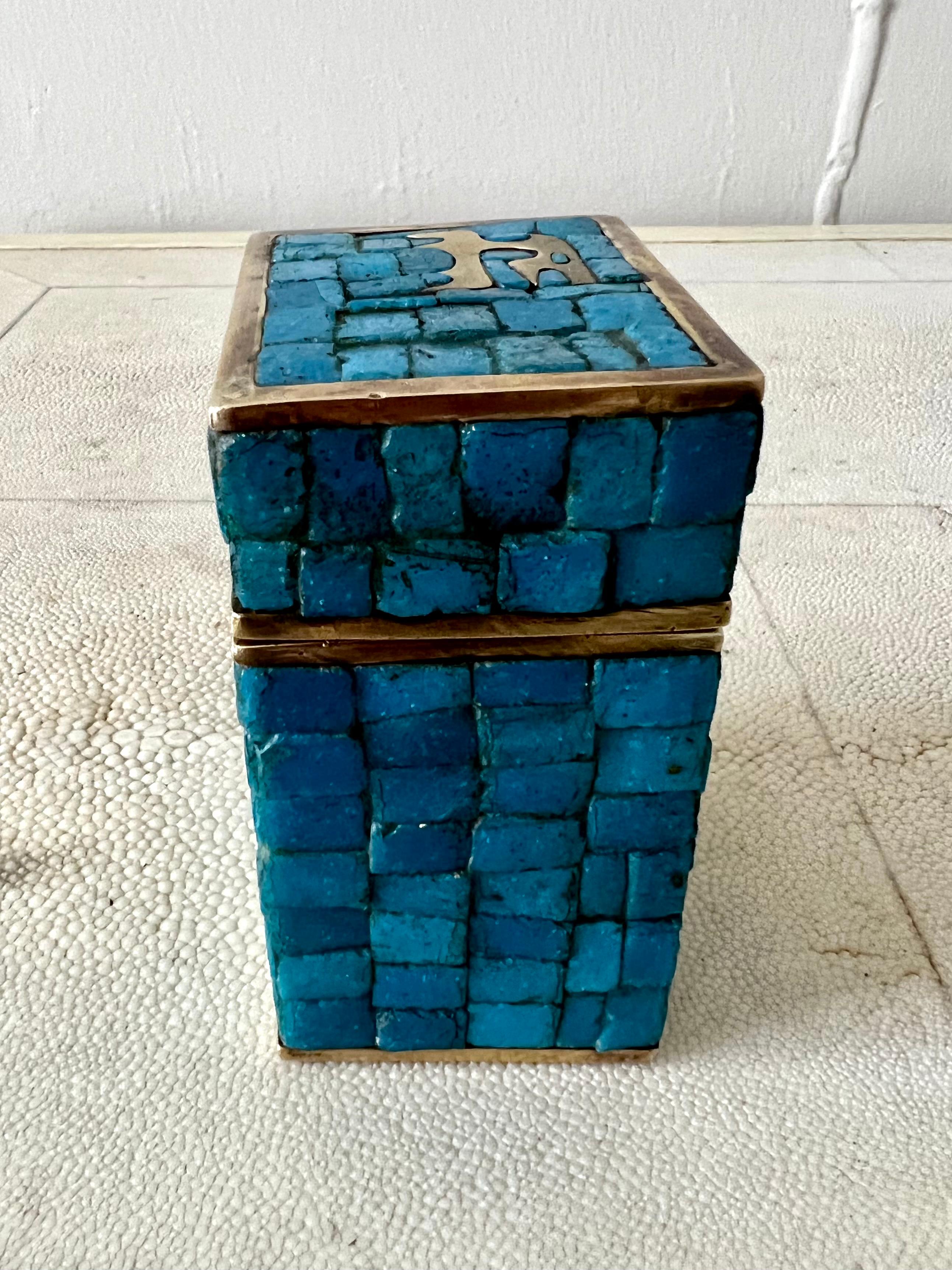 Handwrought Mid-Century Modern Mexican Mosaic and Brass Box by Salvador Teran For Sale 4