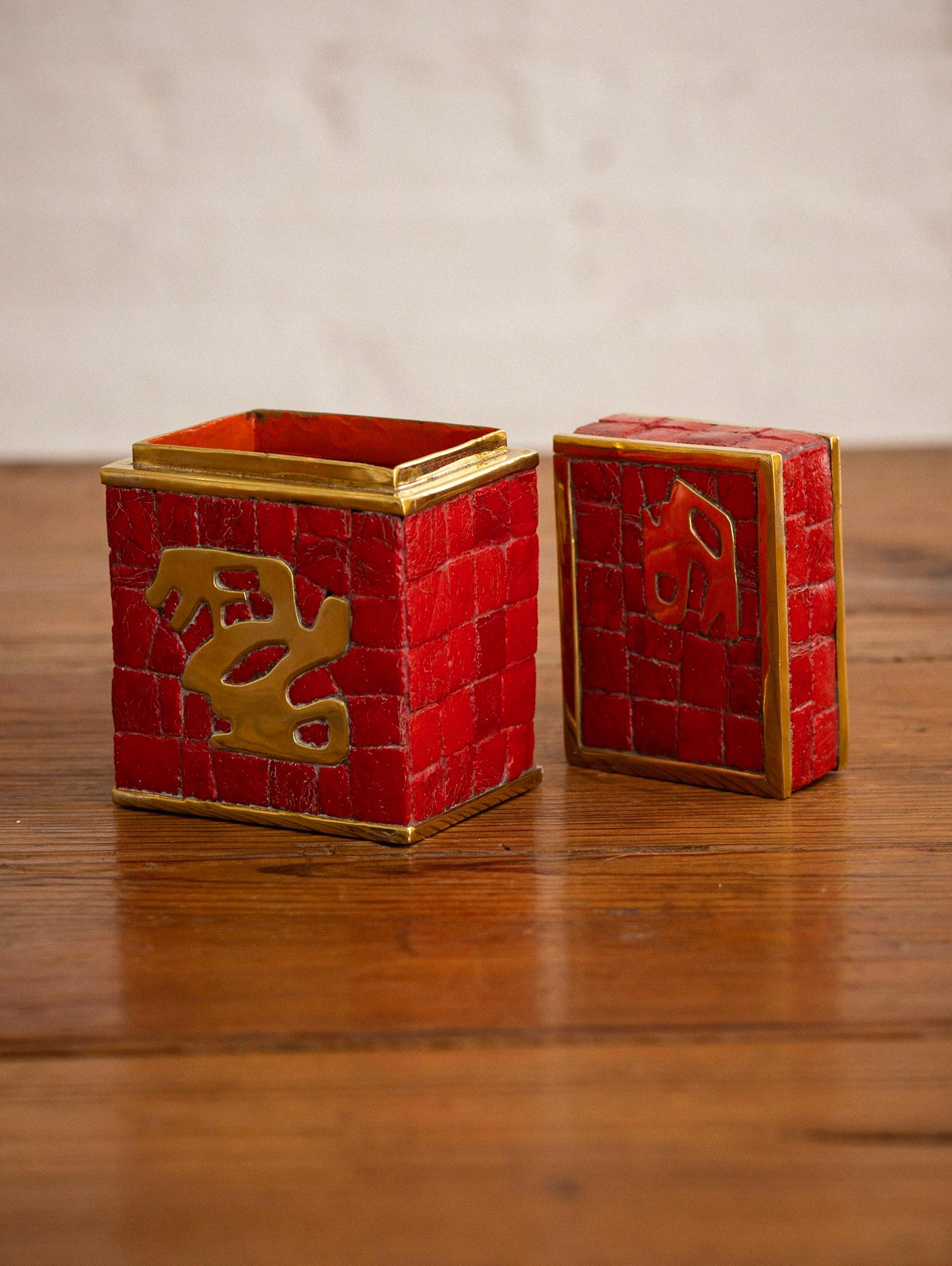 Handwrought Midcentury Mexican Mosaic and Brass Lidded Box by Salvador Teran For Sale 2