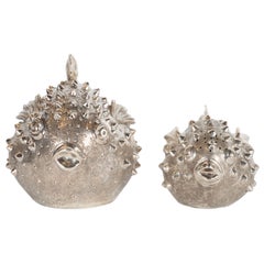 Handwrought Sterling Silver Puffer Fish Salt Shaker and Pepper Mill, Missiaglia
