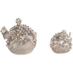 Handwrought Sterling Silver Puffer Fish Salt Shaker and Pepper Mill, Missiaglia
