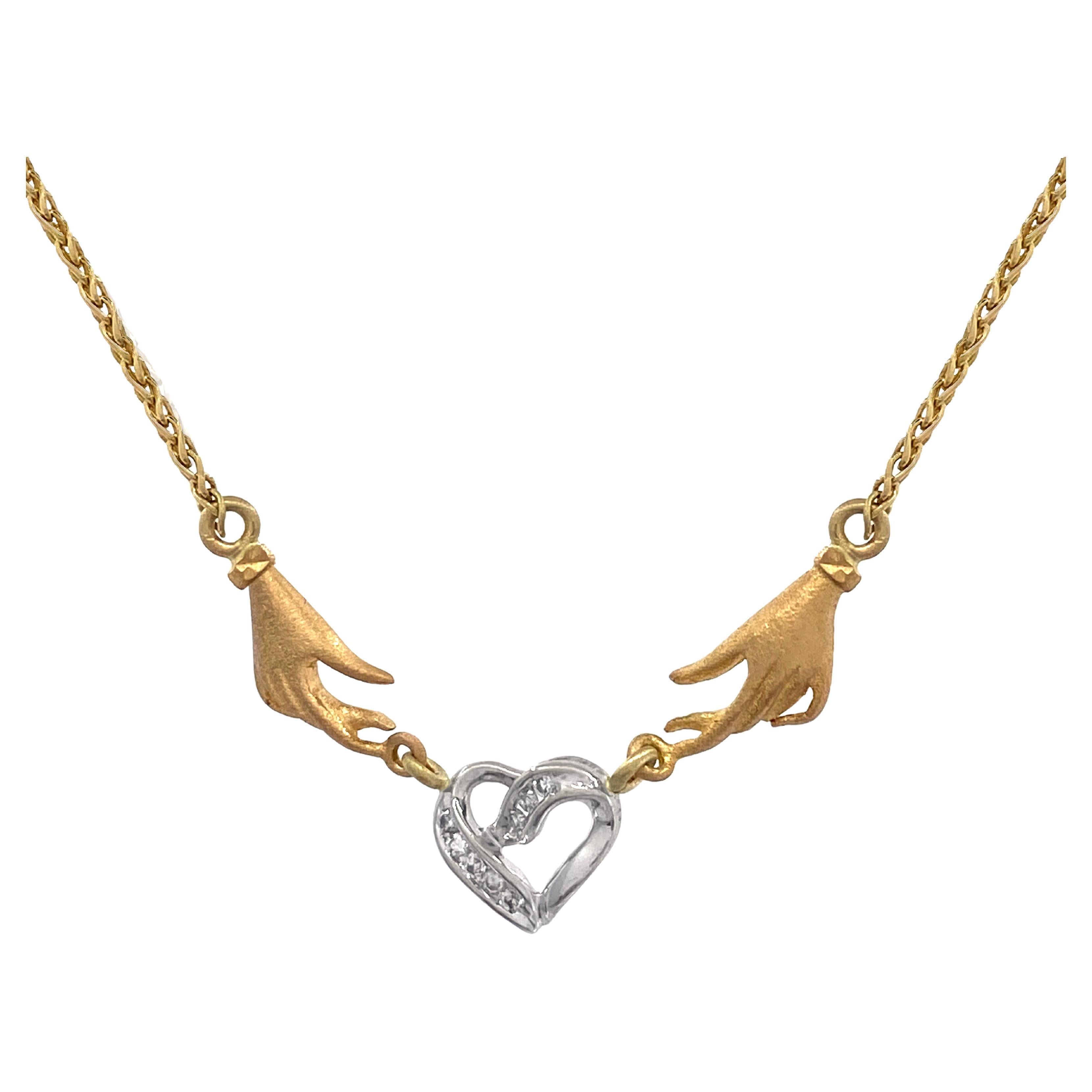 "Handy Heart" Necklace in Mixed Yellow & White Gold with White Diamonds For Sale