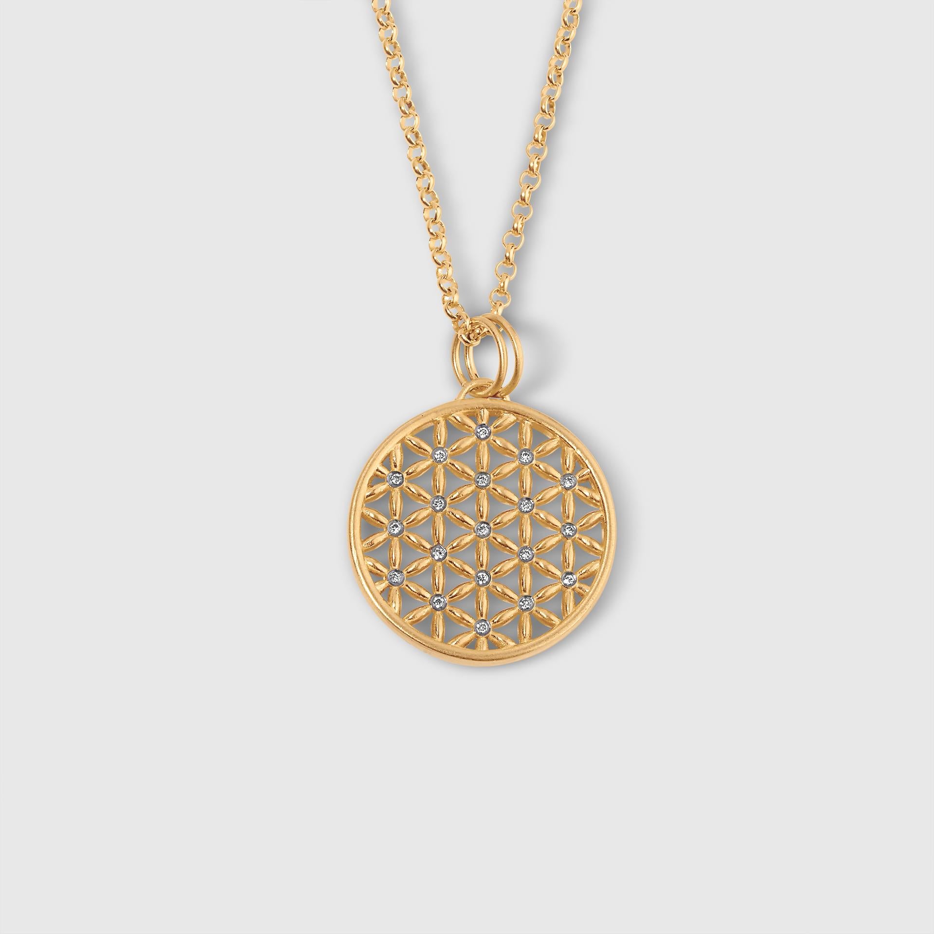 Hanedan Mandala Necklace Flower of Life Pendant Necklace, 24kt Yellow Gold and Silver, Size Large, Length: 21