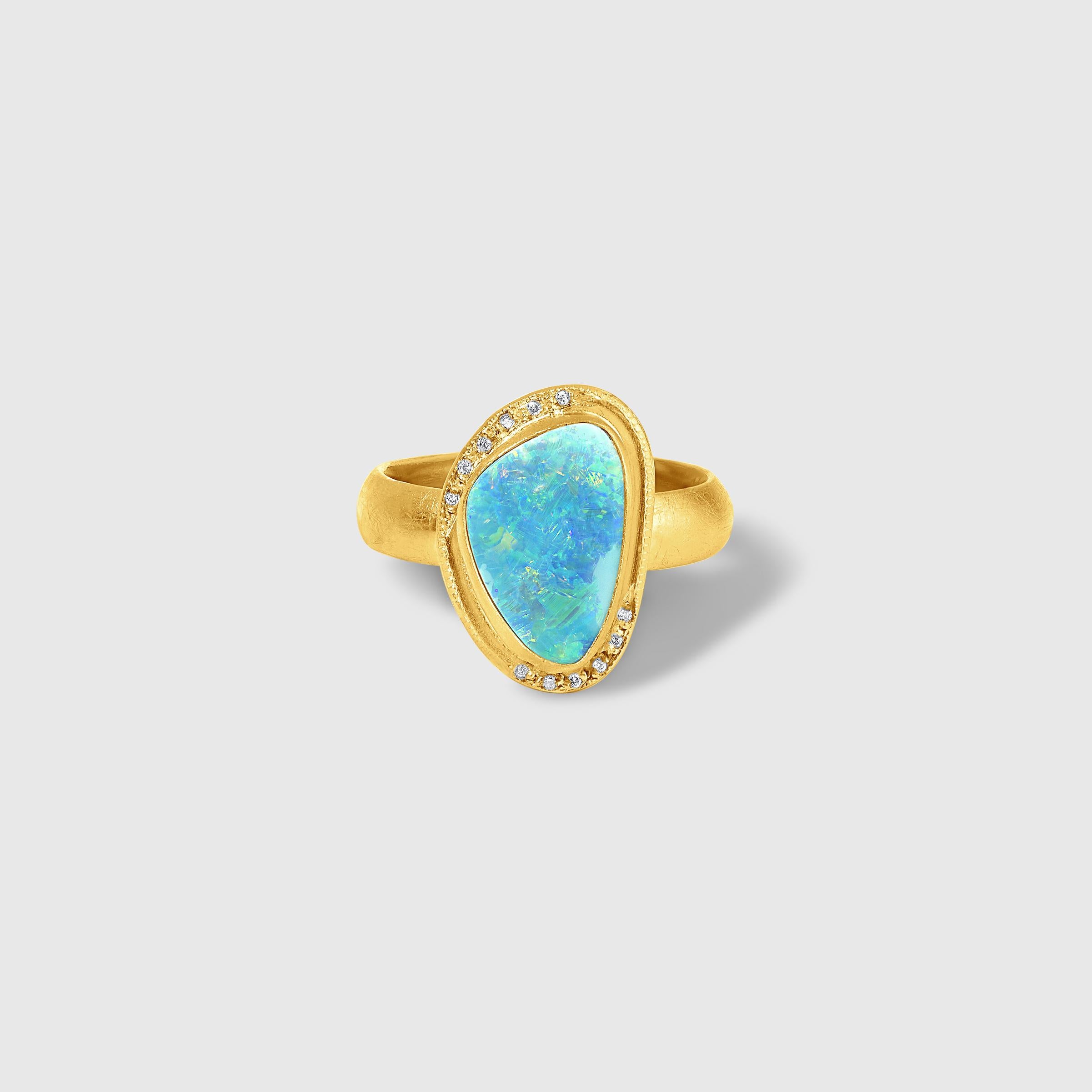 Hanedan Ring With Opal and Diamonds, 24kt Gold and Silver, Kurtulan 24kt gold-fused on sterling silver. Size 6 is in stock. Diamonds: 0.02ct. Opal: 2.5ct.  This ring is one of a kind. There is a small slit in the back on the bottom of the shank that