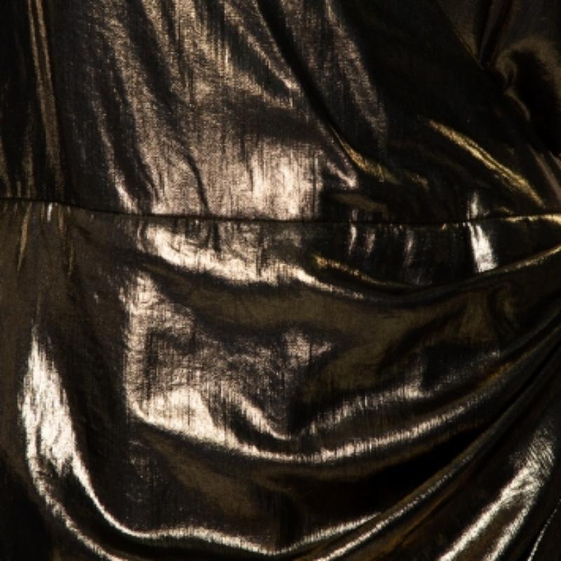 The draped accents forming a wrap effect, asymmetric cuts on the hem, and the choice of metallic gold make this Haney dress a glamorous design. It has a zip closure and the spaghetti straps can be adjusted as desired.