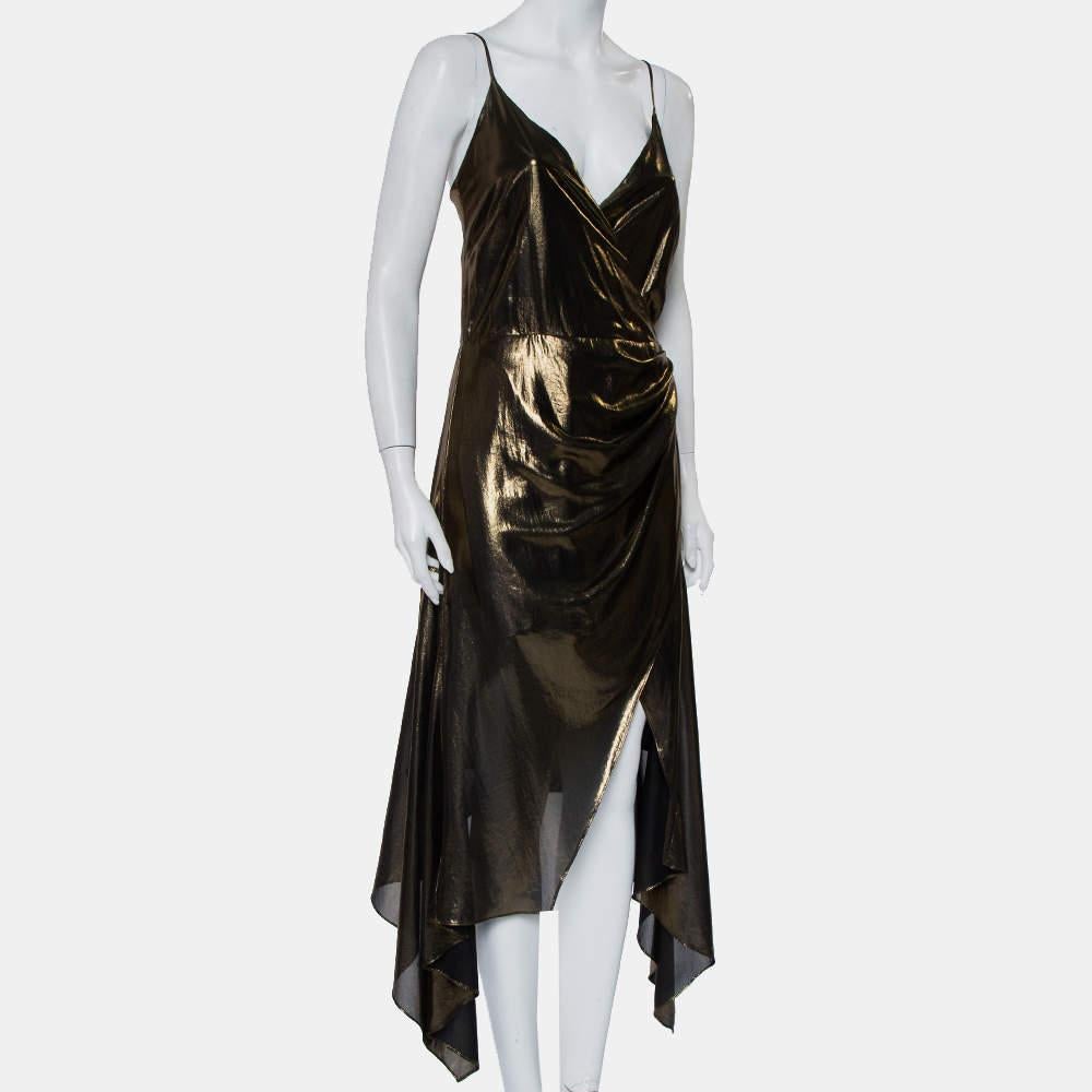 The draped accents forming a wrap effect, asymmetric cuts on the hem, and the choice of metallic gold make this Haney dress a glamorous design. It has a zip closure and the spaghetti straps can be adjusted as desired.

Includes: Brand tag