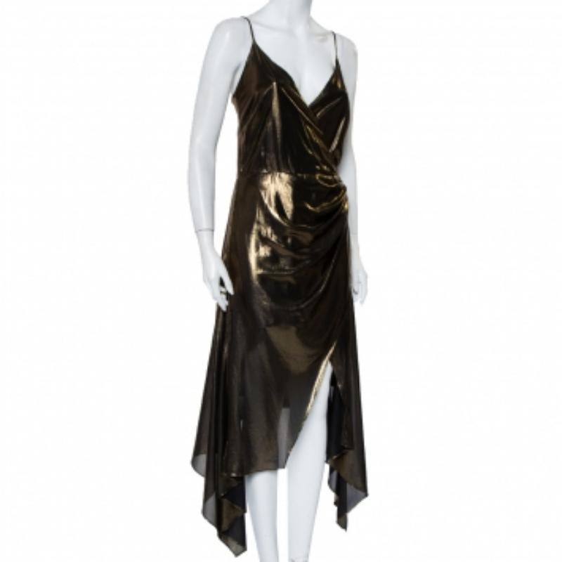 Black Haney Metallic Gold Lame' Faux Wrap Asymmetrical Hem Dress M For Sale