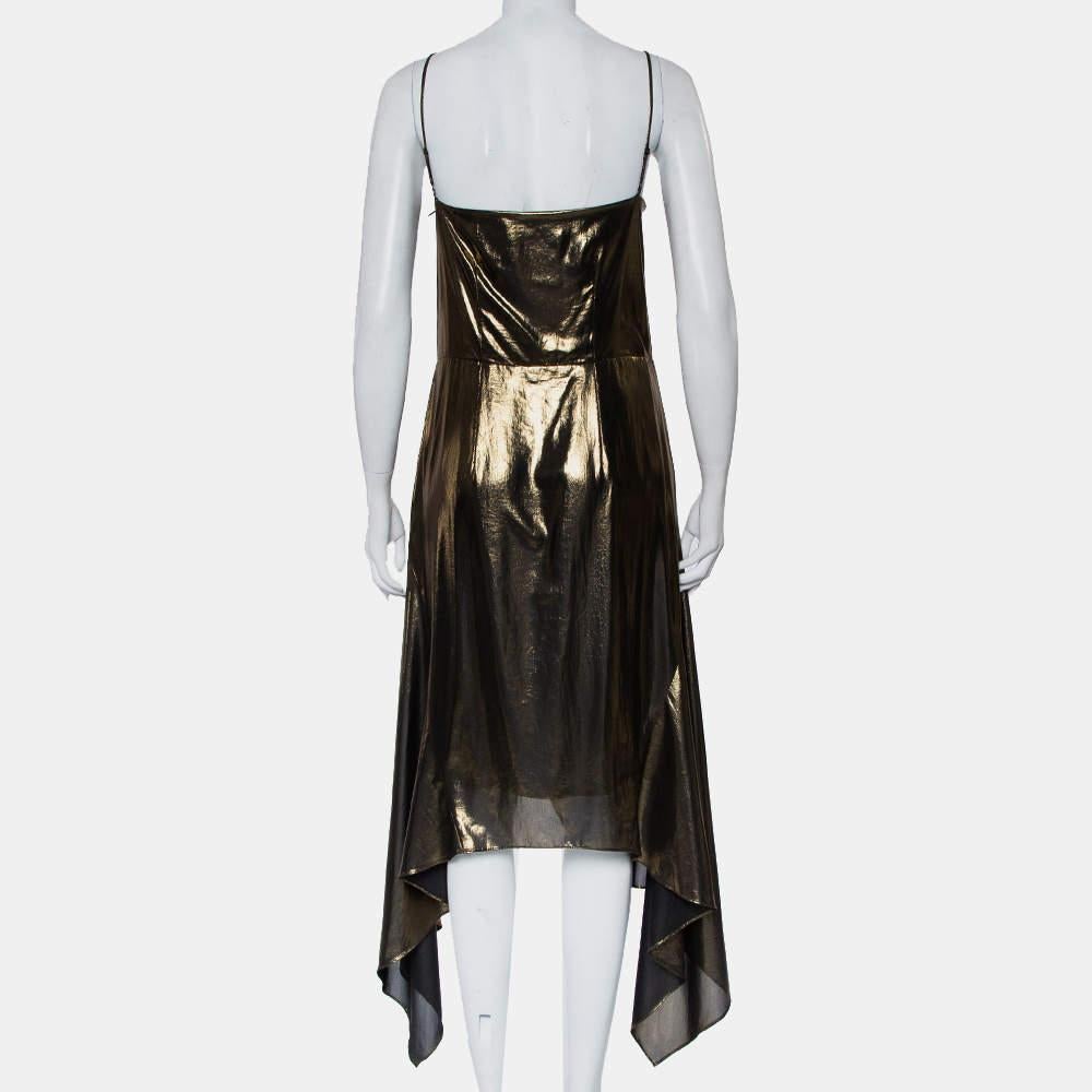 Black Haney Metallic Gold Lame' Faux Wrap Asymmetrical Hem Dress M For Sale