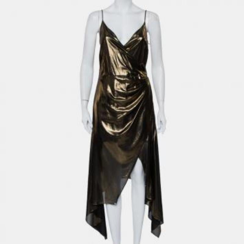 Haney Metallic Gold Lame' Faux Wrap Asymmetrical Hem Dress M For Sale 2