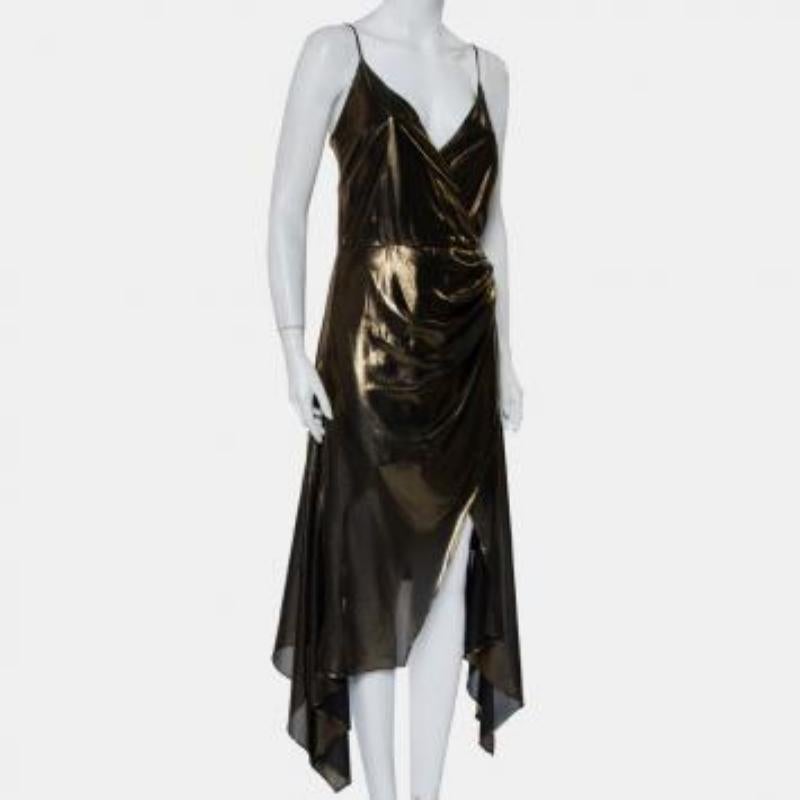 Haney Metallic Gold Lame' Faux Wrap Asymmetrical Hem Dress M For Sale 3