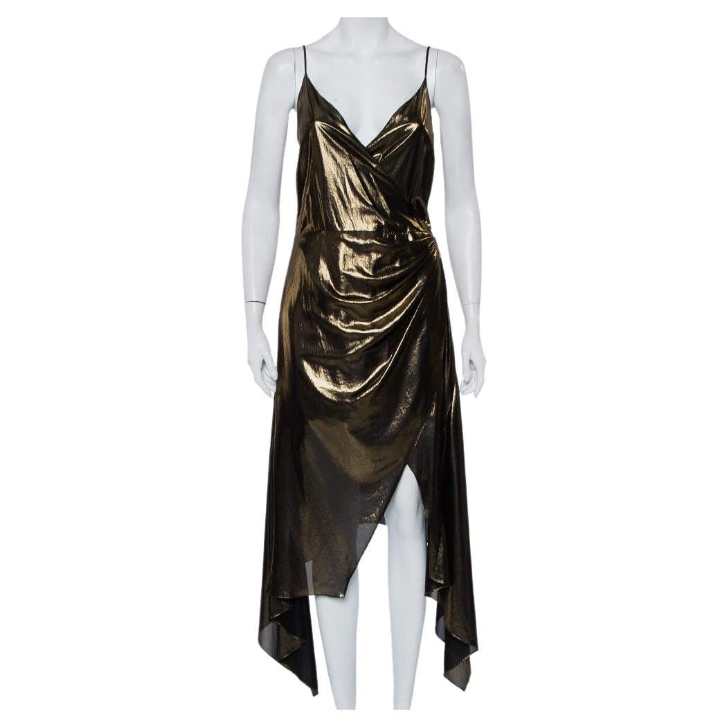 Haney Metallic Gold Lame' Faux Wrap Asymmetrical Hem Dress M For Sale
