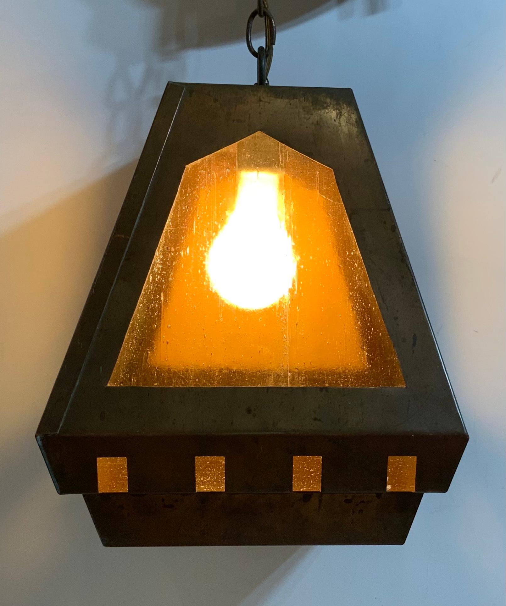 Elegant lantern made of hand crafted copper, quality workmanship, four sides of art glass, and one 60/watt light. Suitable for wet location, original canopy and chain is included.
One more available upon request.
