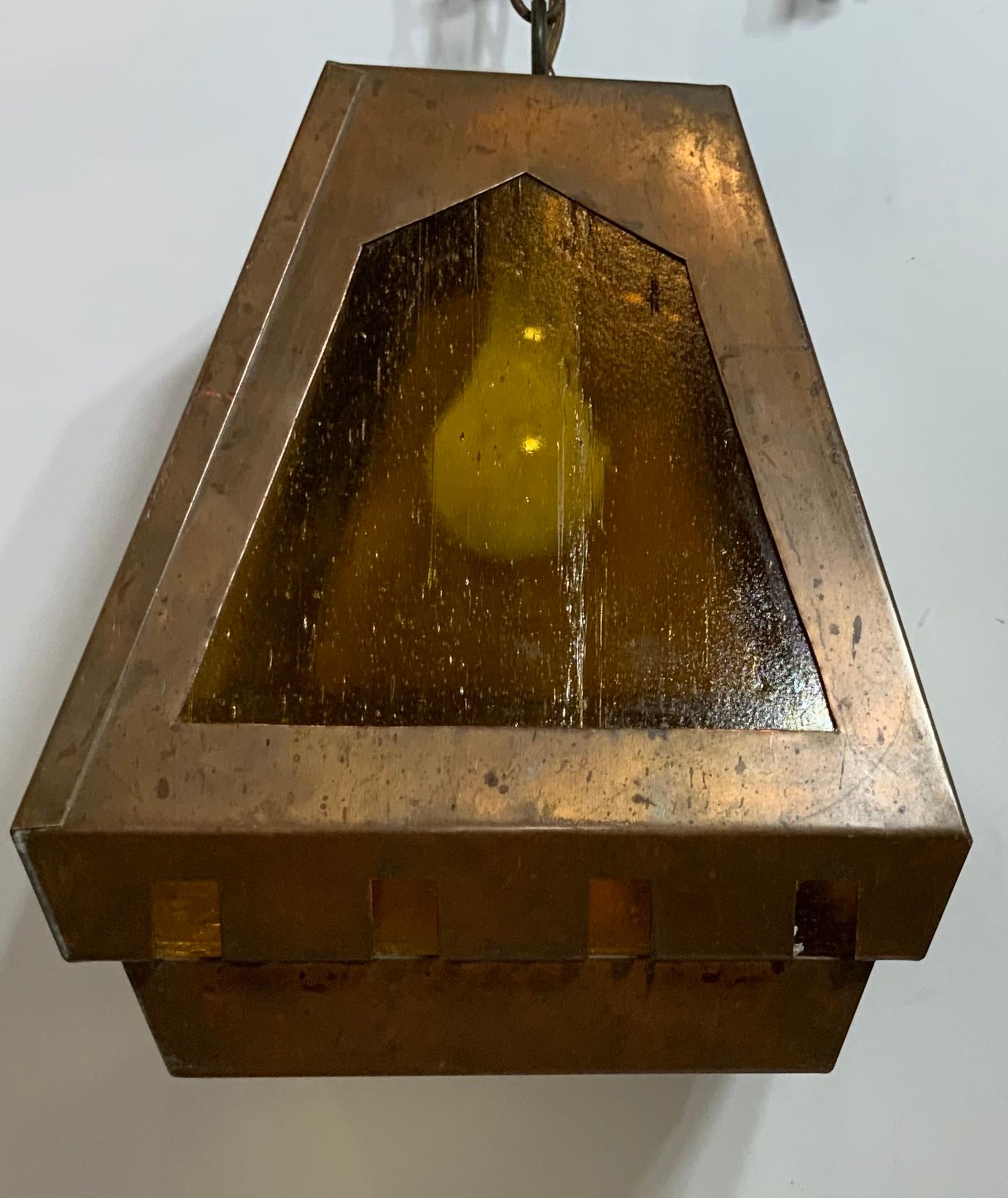 Hanging Art and Craft Style Copper Lantern In Good Condition For Sale In Delray Beach, FL