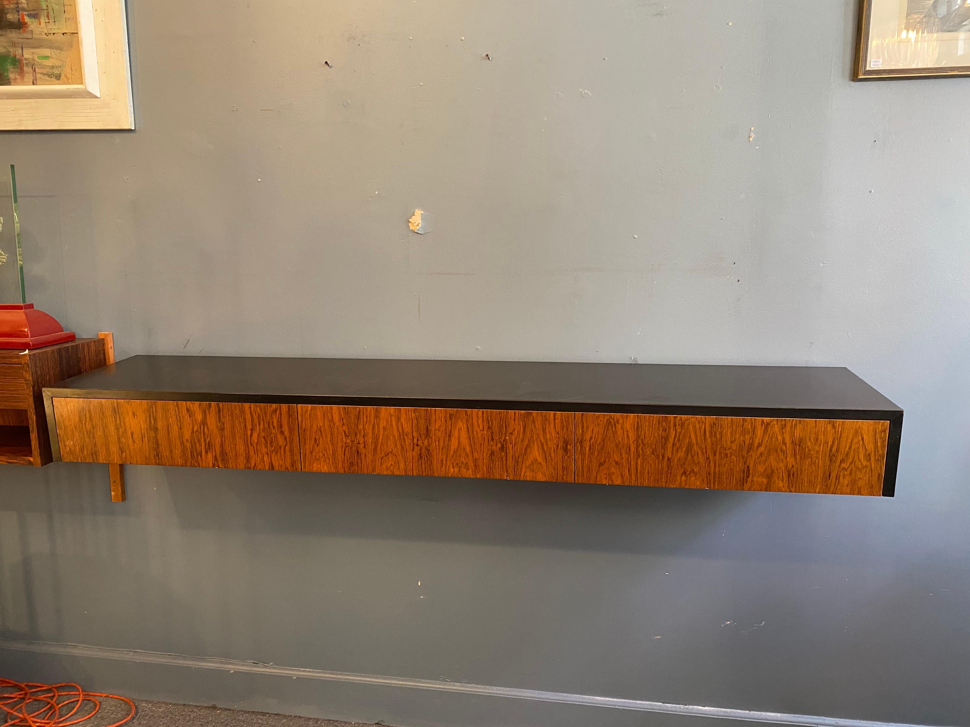 Hanging/ floating black Formica and rosewood console. Great shallow design of only 15