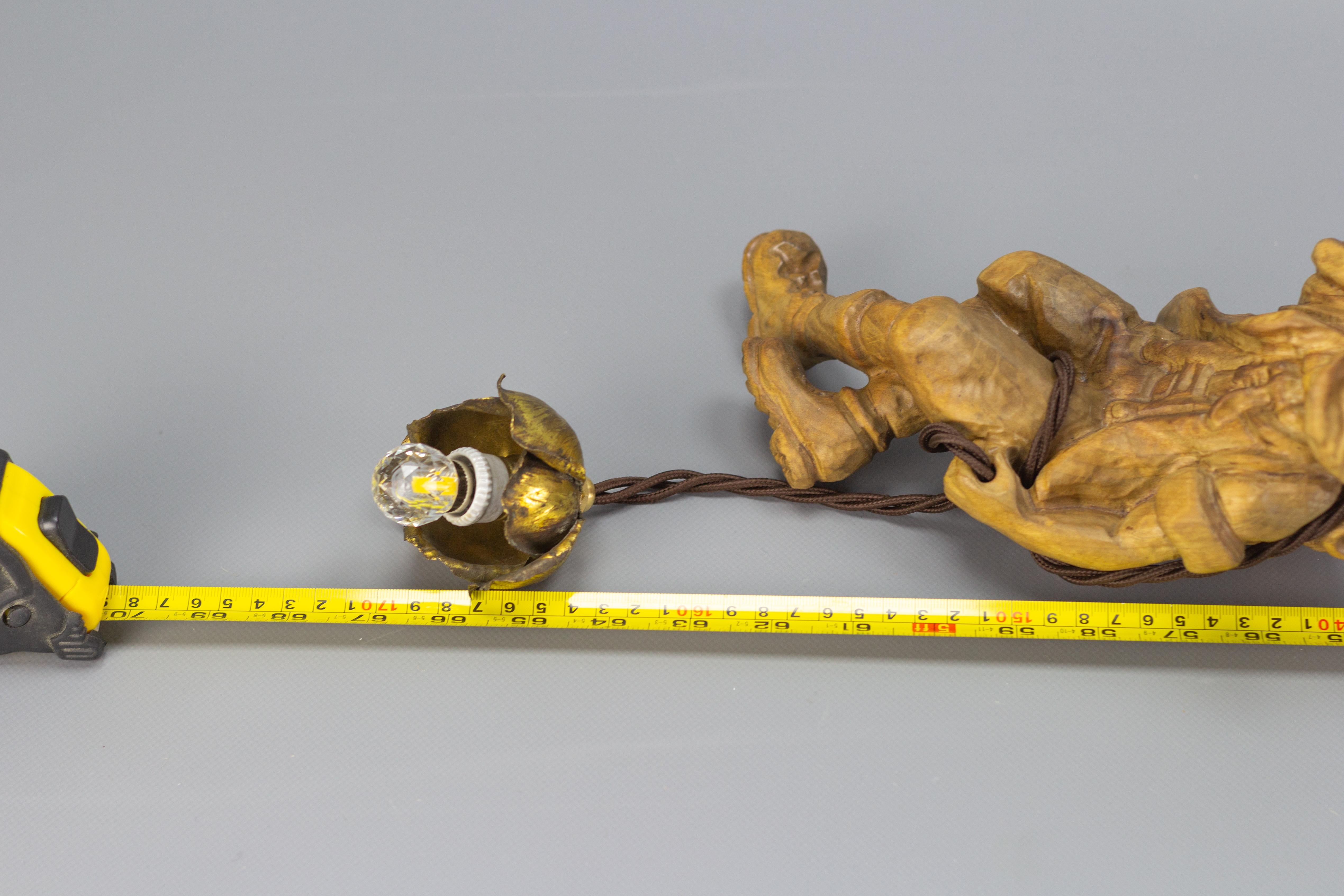 Hanging Brass Light Fixture with a Wooden Figure of a Mountain Climber For Sale 7