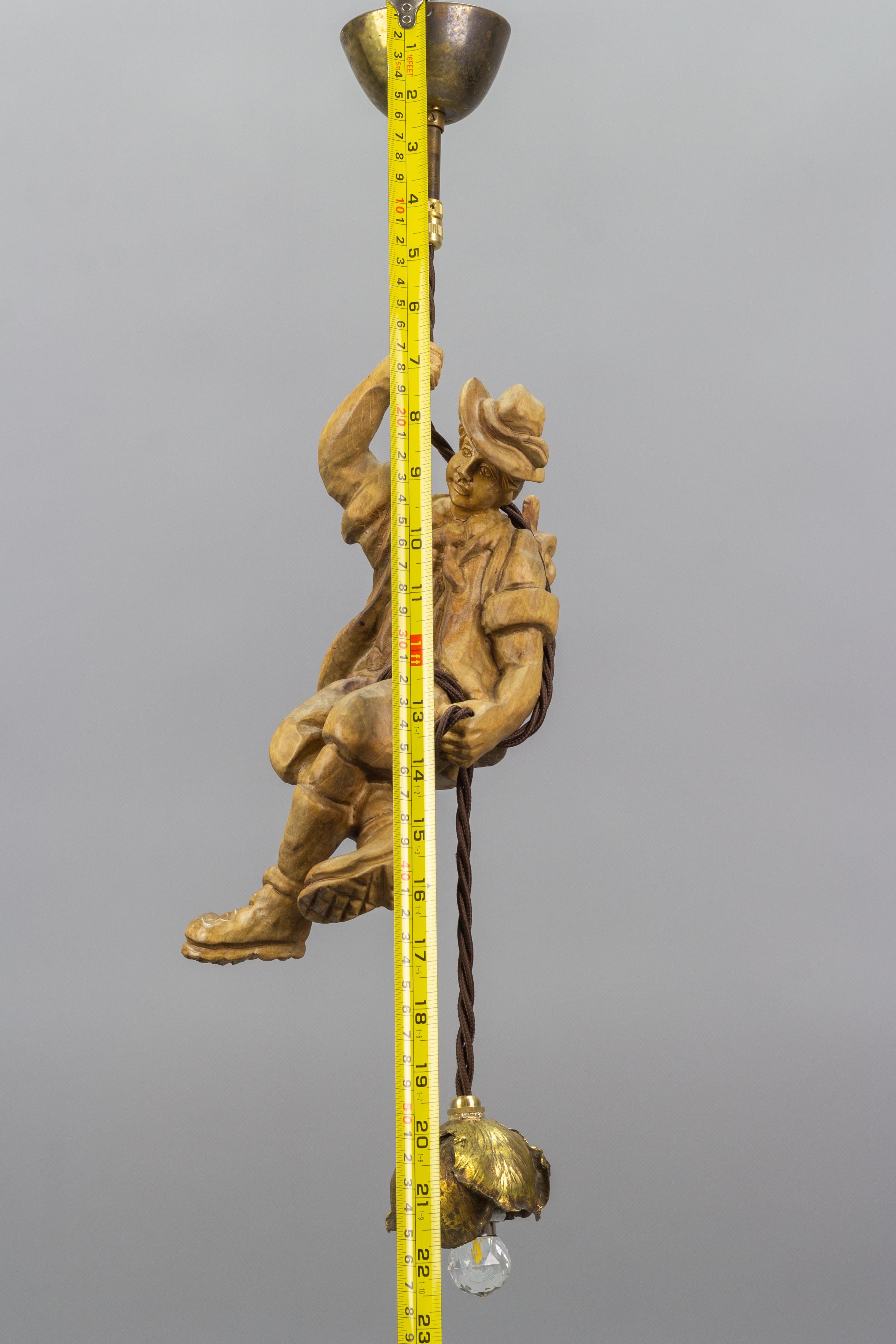 Hanging Brass Light Fixture with a Wooden Figure of a Mountain Climber For Sale 10