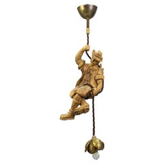 Vintage Hanging Brass Light Fixture with Wooden Figure of Mountain Climber
