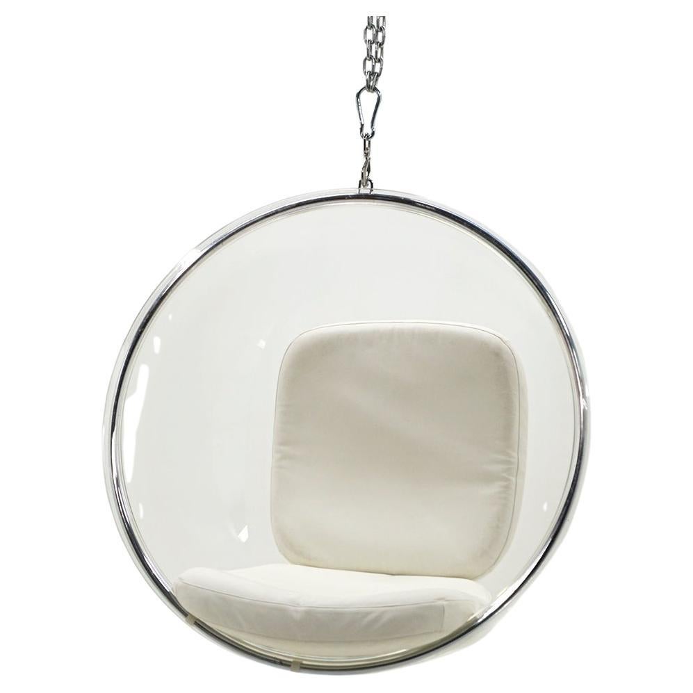 Hanging Bubble Chair by Eero Aarnio.  Acrylic / Lucite, Chrome, White Leather