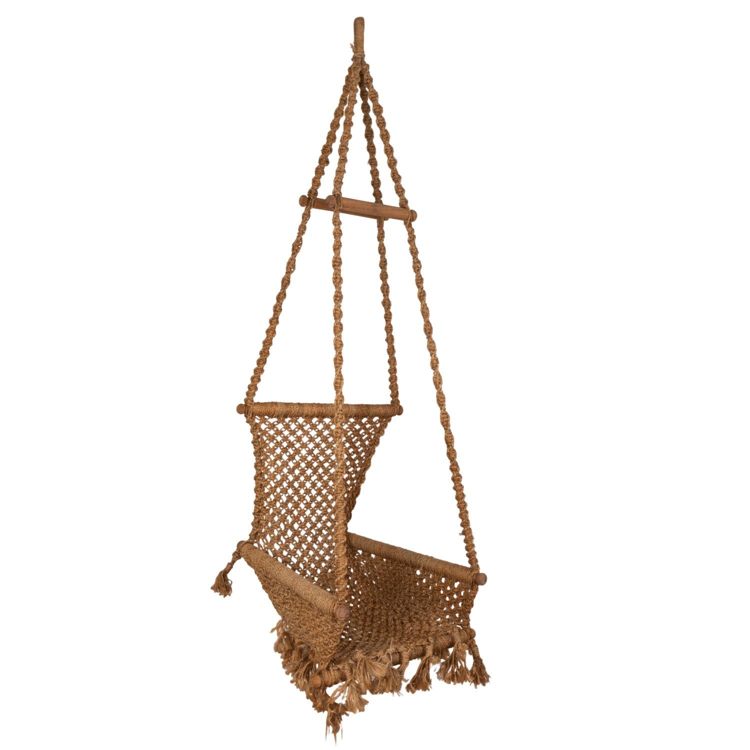 French Hanging Chair in Rope and Wood, 1970s For Sale