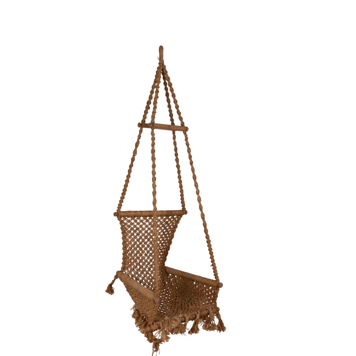 Hanging Chair in Rope and Wood, 1970s In Excellent Condition For Sale In Saint-Ouen, FR