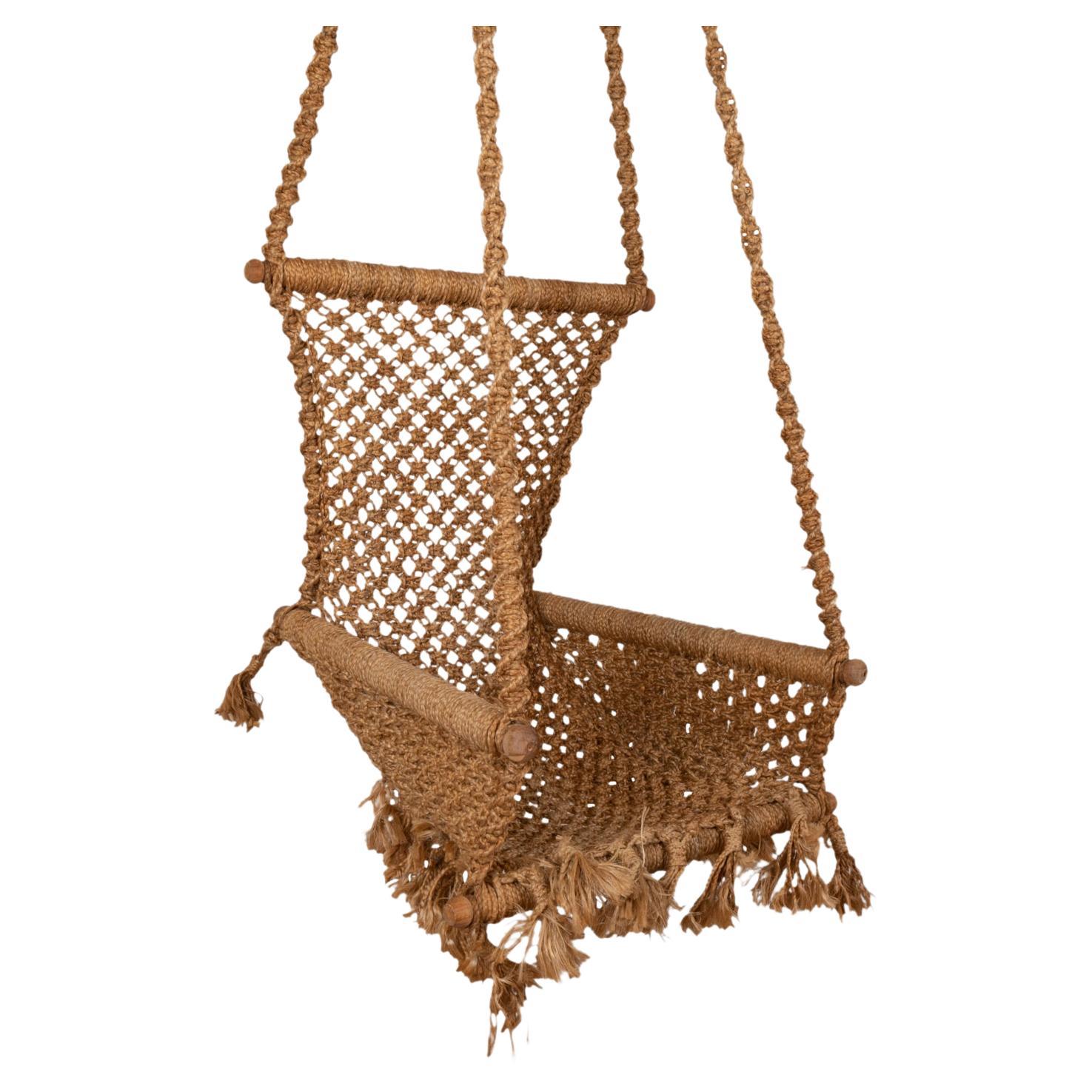 Hanging Chair in Rope and Wood, 1970s For Sale