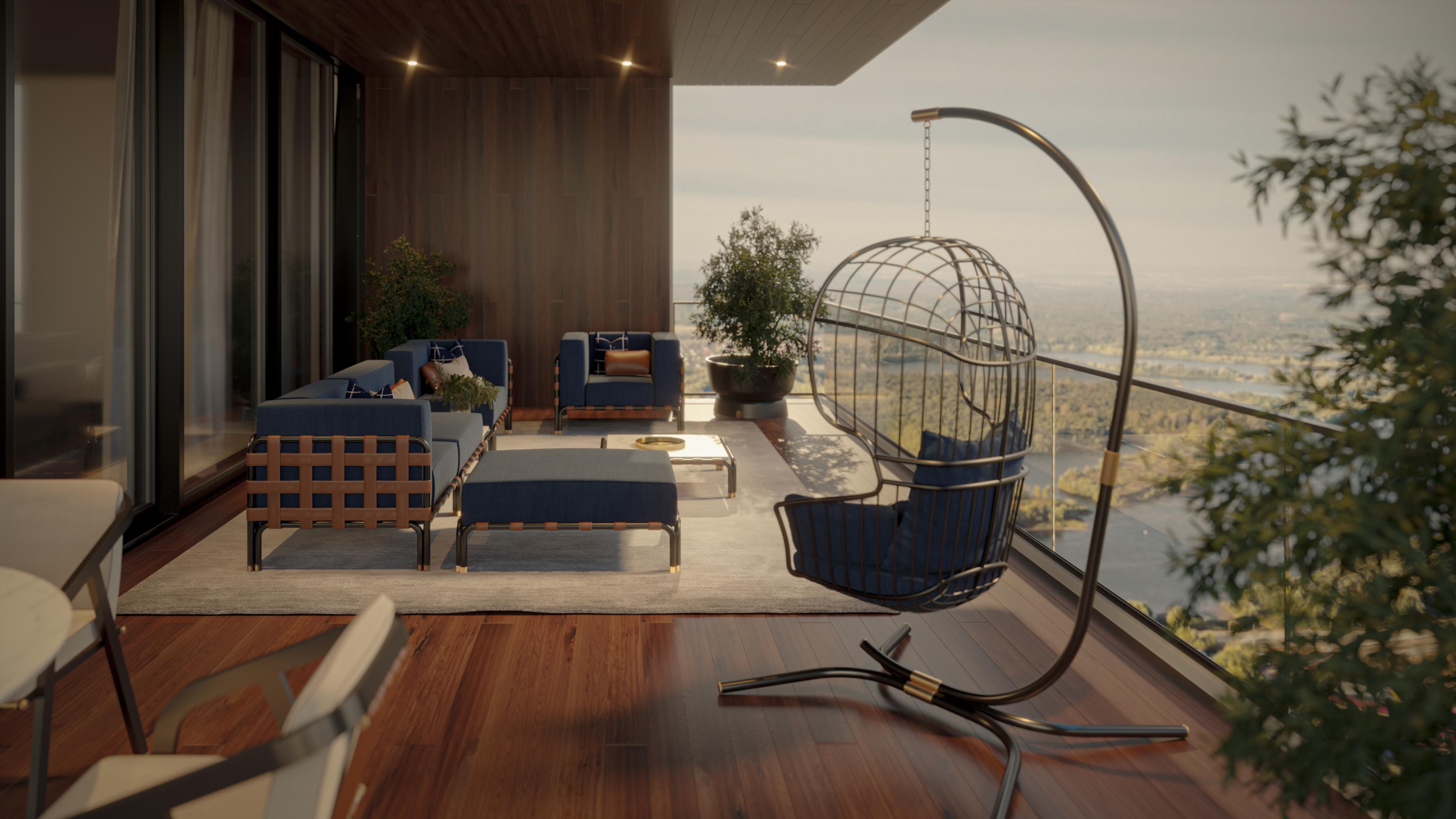 XXI secolo e contemporaneo Sedia sospesa con tessuto impermeabile nero e cuscini a fantasia in vendita