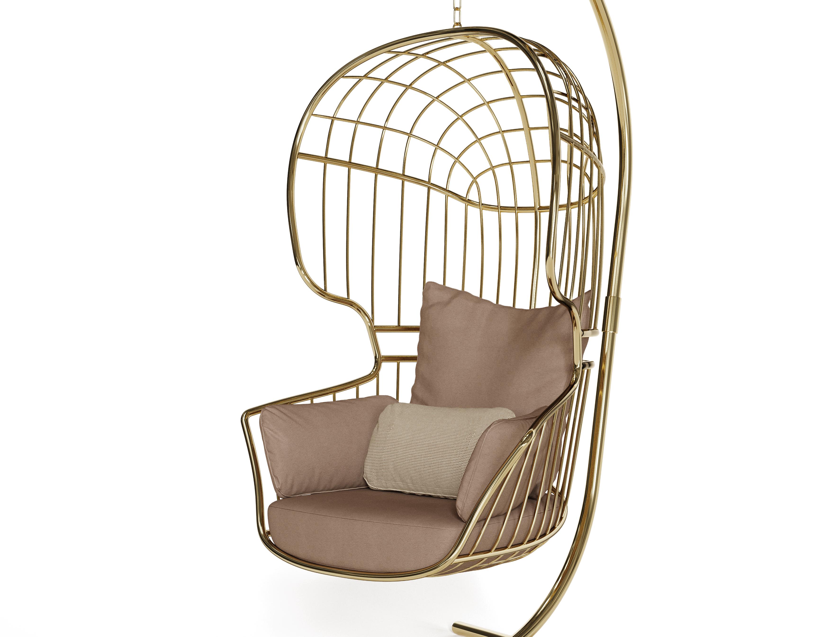 Portuguese Hanging Chair with Gold Plated Stainless Steel Base For Sale
