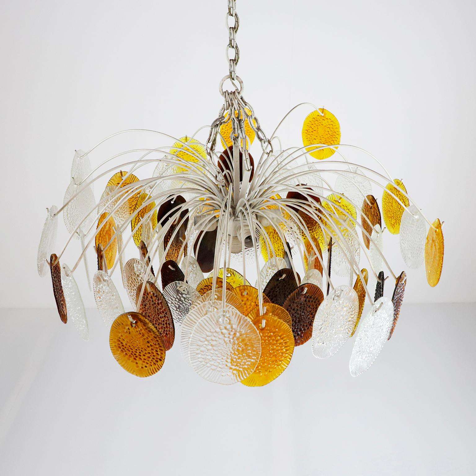Circa 1960, We offer this hanging chandelier with custom- hand made glass pendants in transparent and ambar tones. 77 pieces of glass each piece of glass size 15 x 11 cm. aprox.

  