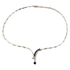 Hanging Diamond and Sapphire Bamboo Style Choker Necklace in 18 Karat White Gold
