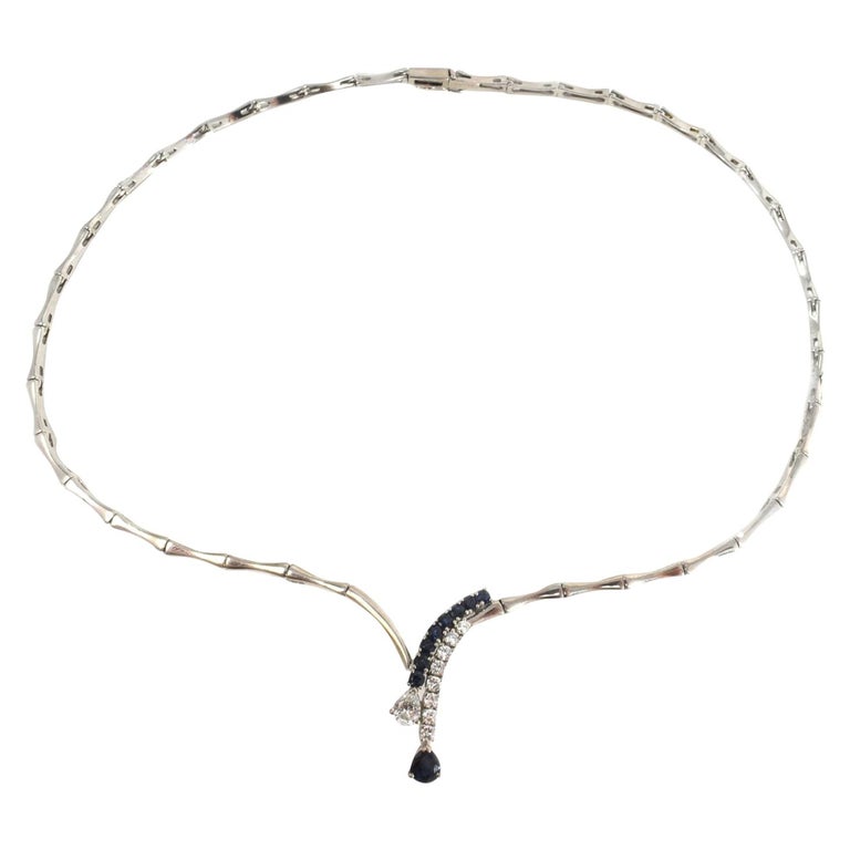 Hanging Diamond and Sapphire Bamboo Style Choker Necklace in 18 Karat