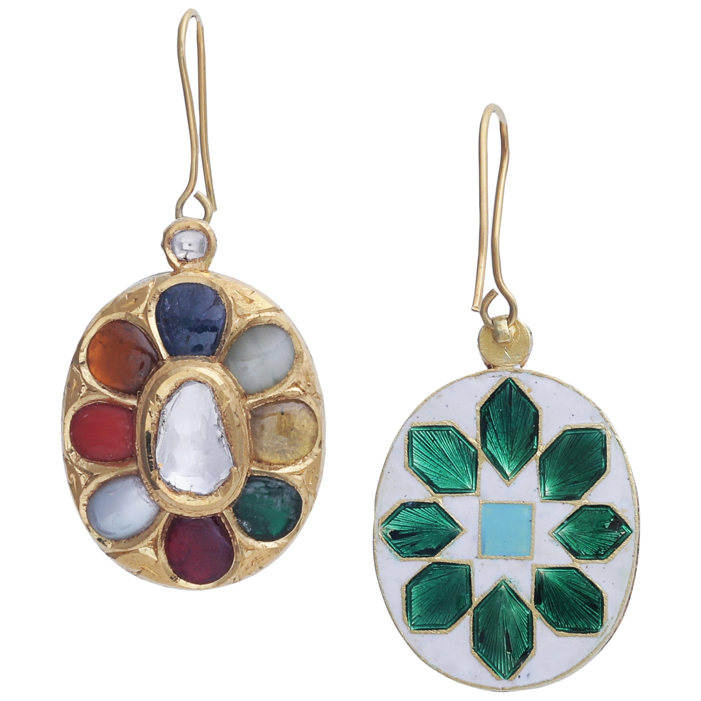 Hanging Earrings with Lucky Nine Gems Handcrafted in 22k Gold with Enamel Work For Sale