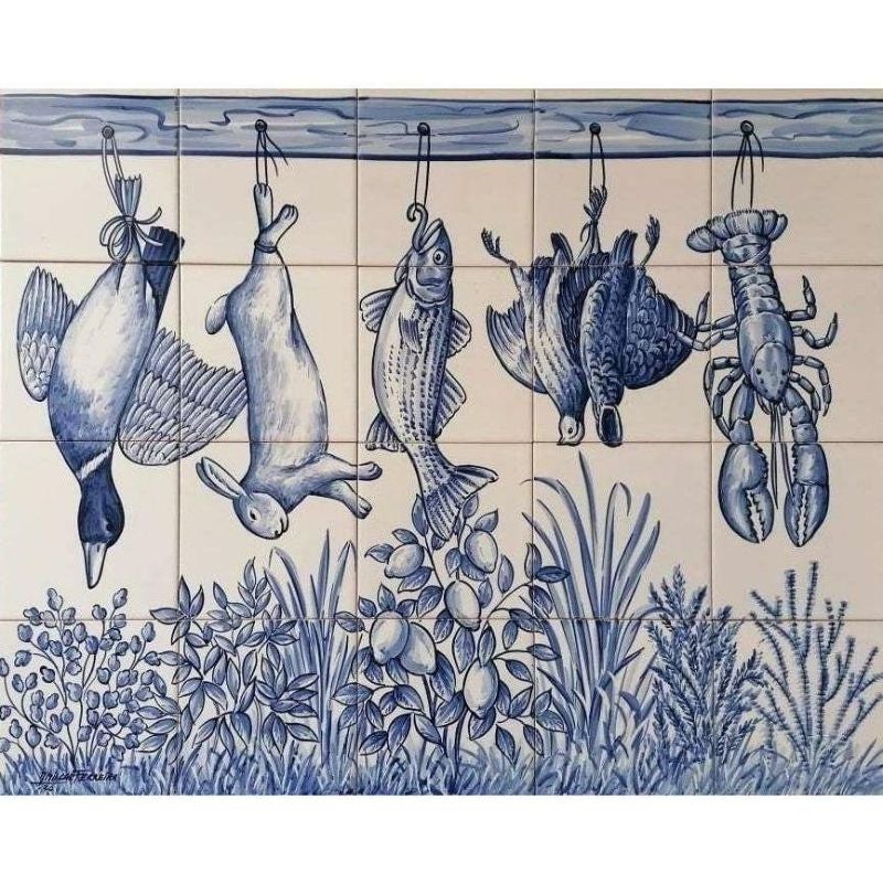 hand painted in cobalt blue Fish Portuguese Tile Mural
